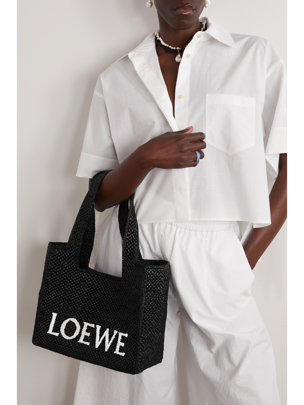 Shop Loewe + Paula's Ibiza Medium Embroidered Two-tone Raffia Tote In Black