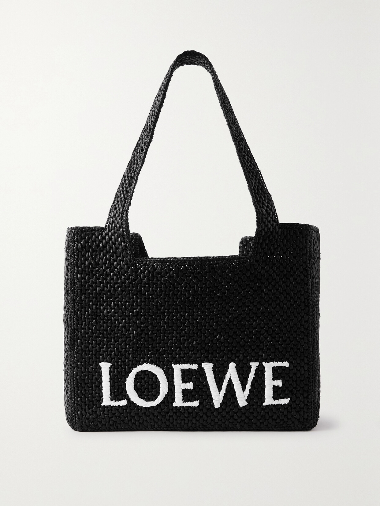 Loewe + Paula's Ibiza Medium Embroidered Two-tone Raffia Tote In Black