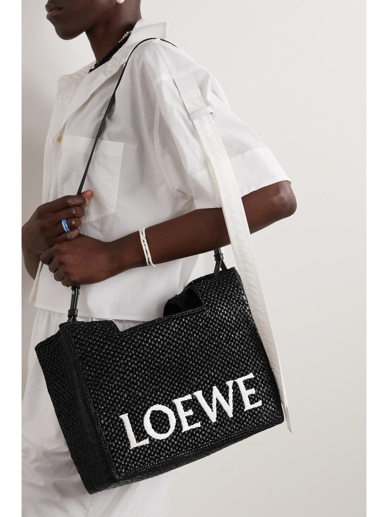 Shop Loewe + Paula's Ibiza Medium Embroidered Two-tone Raffia Tote In Black