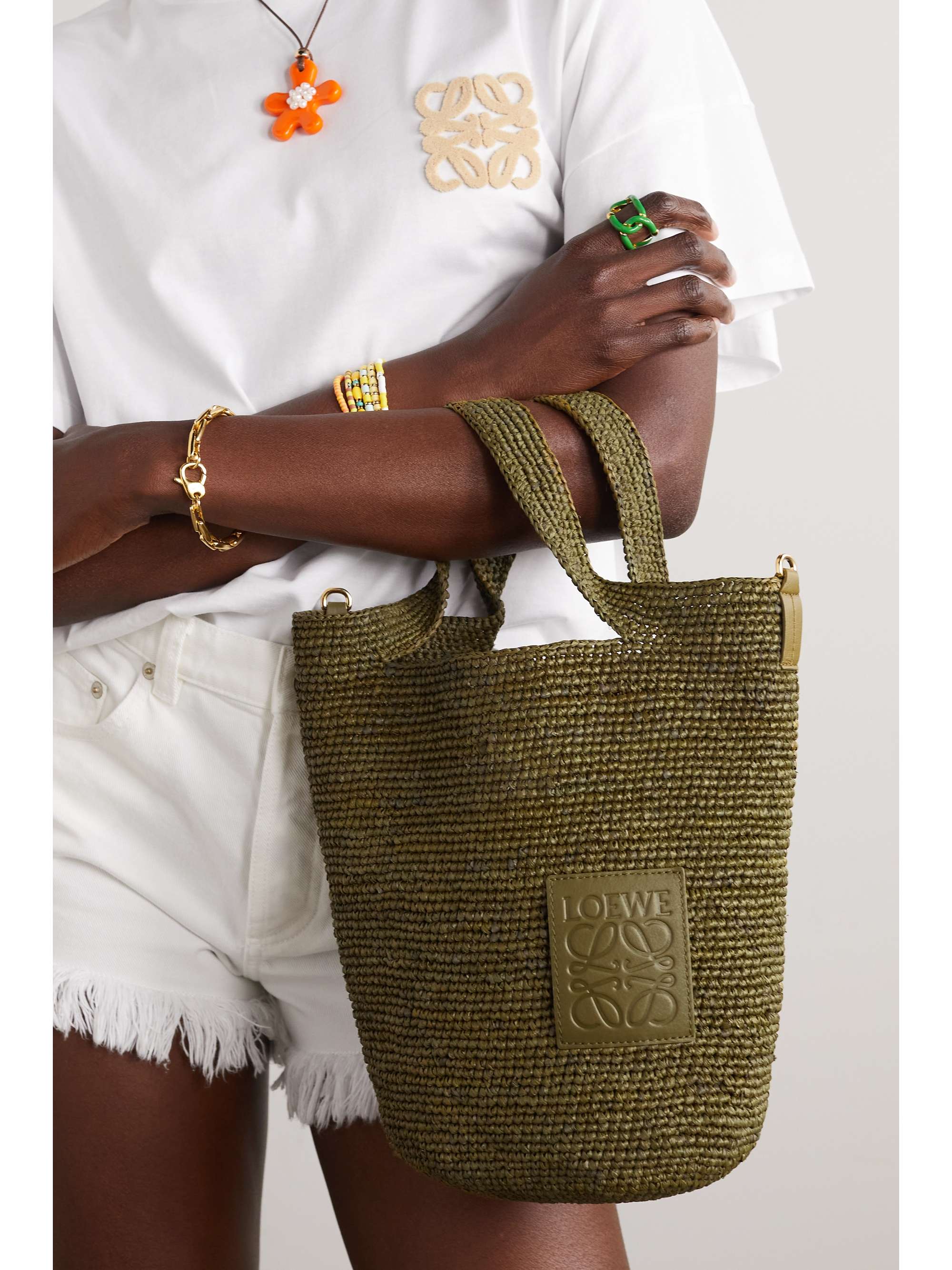 LOEWE + Paula's Ibiza Slit leather-trimmed woven raffia tote