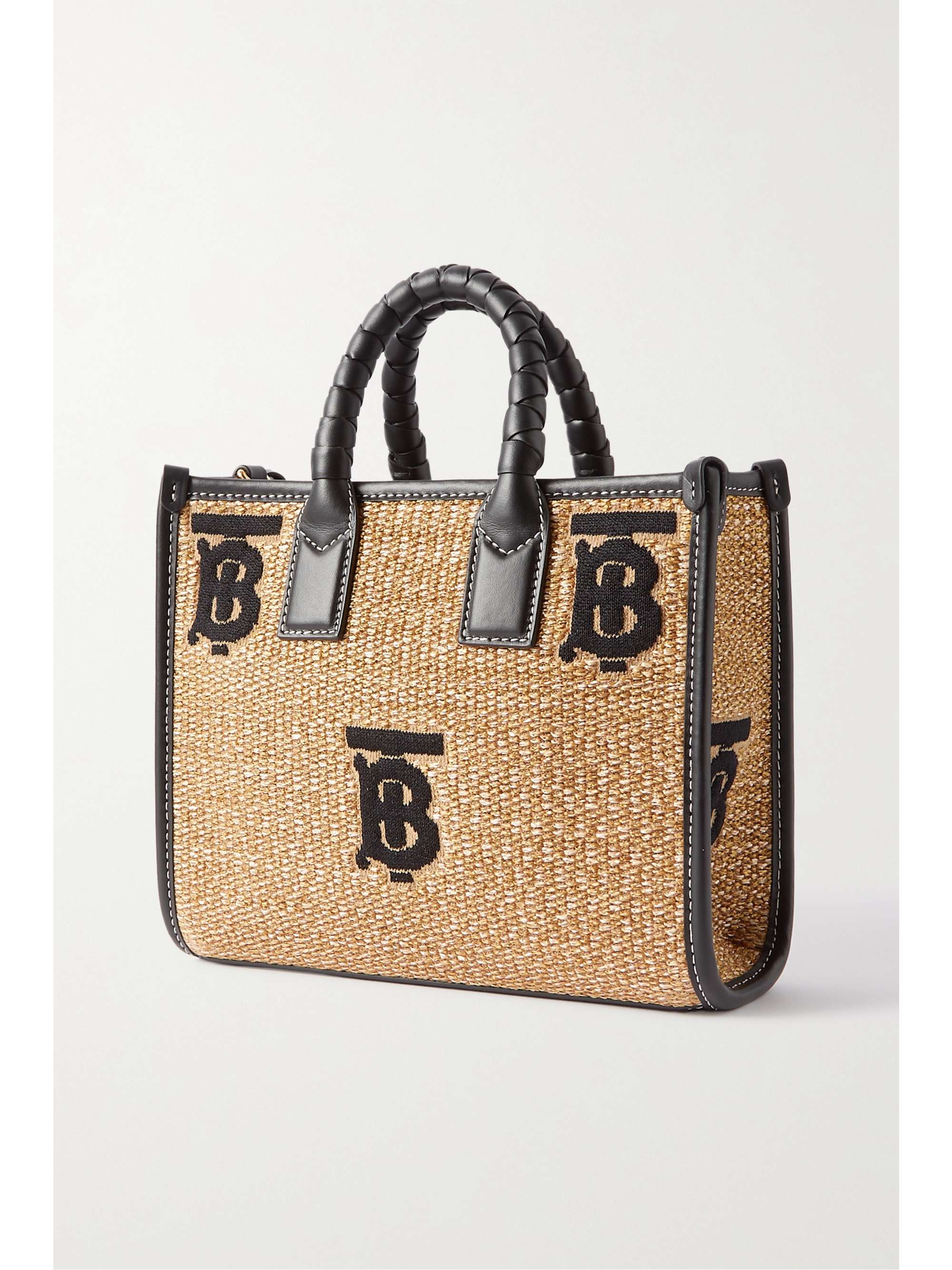 BURBERRY Freya leather-trimmed embroidered raffia tote
