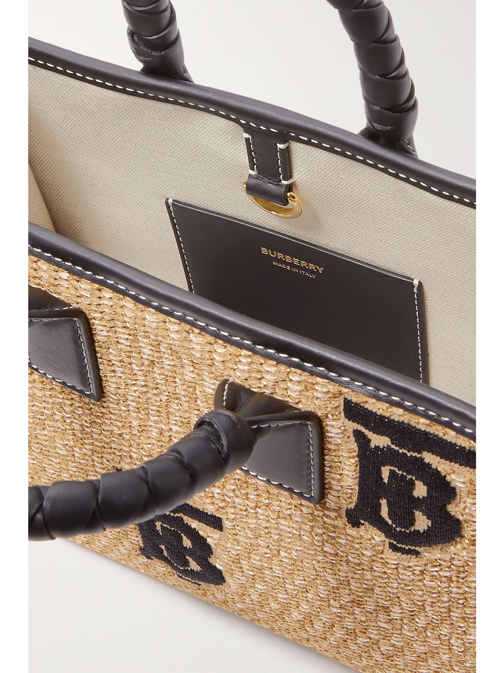 BURBERRY Freya leather-trimmed embroidered raffia tote