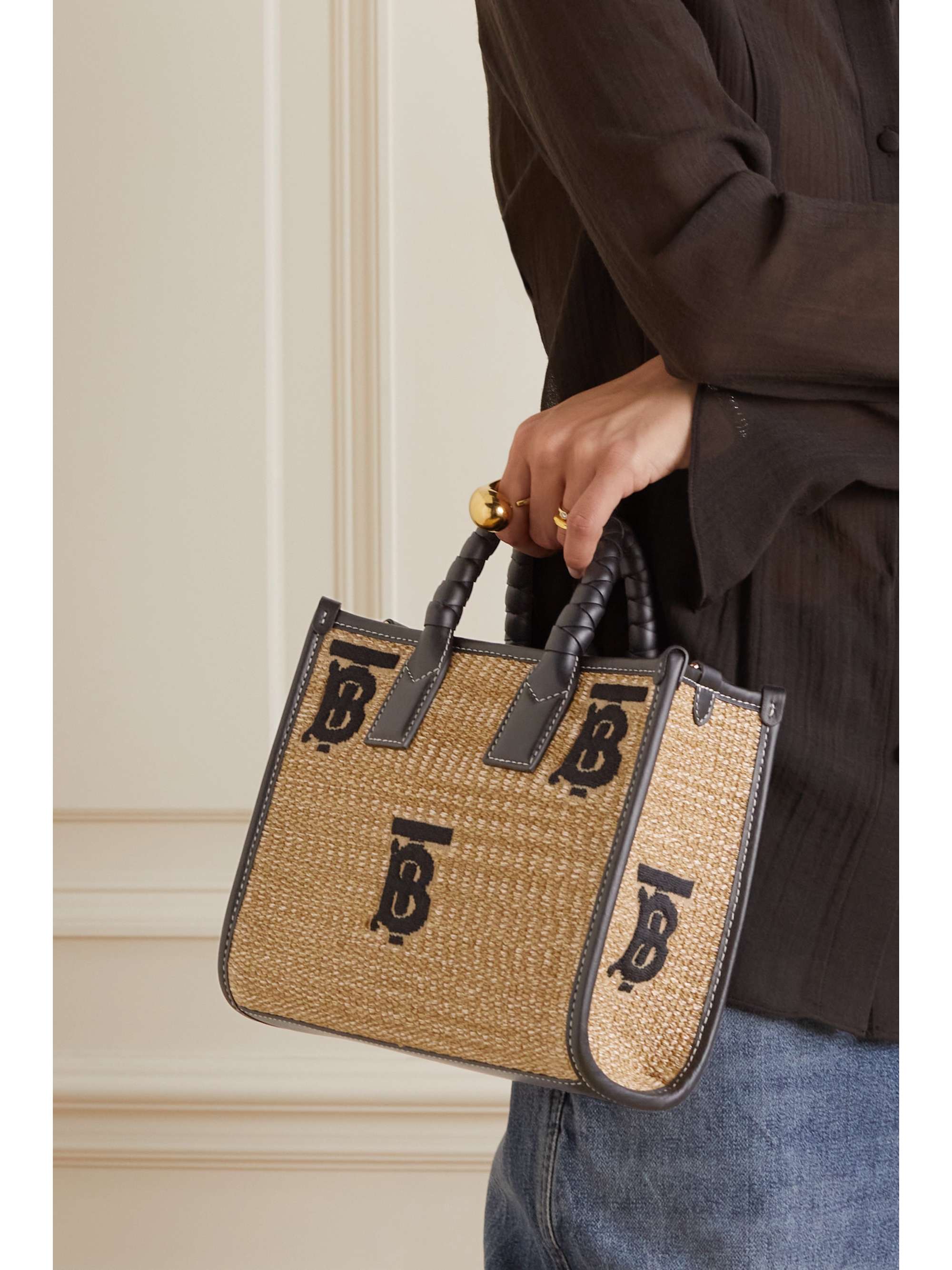 BURBERRY Freya leather-trimmed embroidered raffia tote