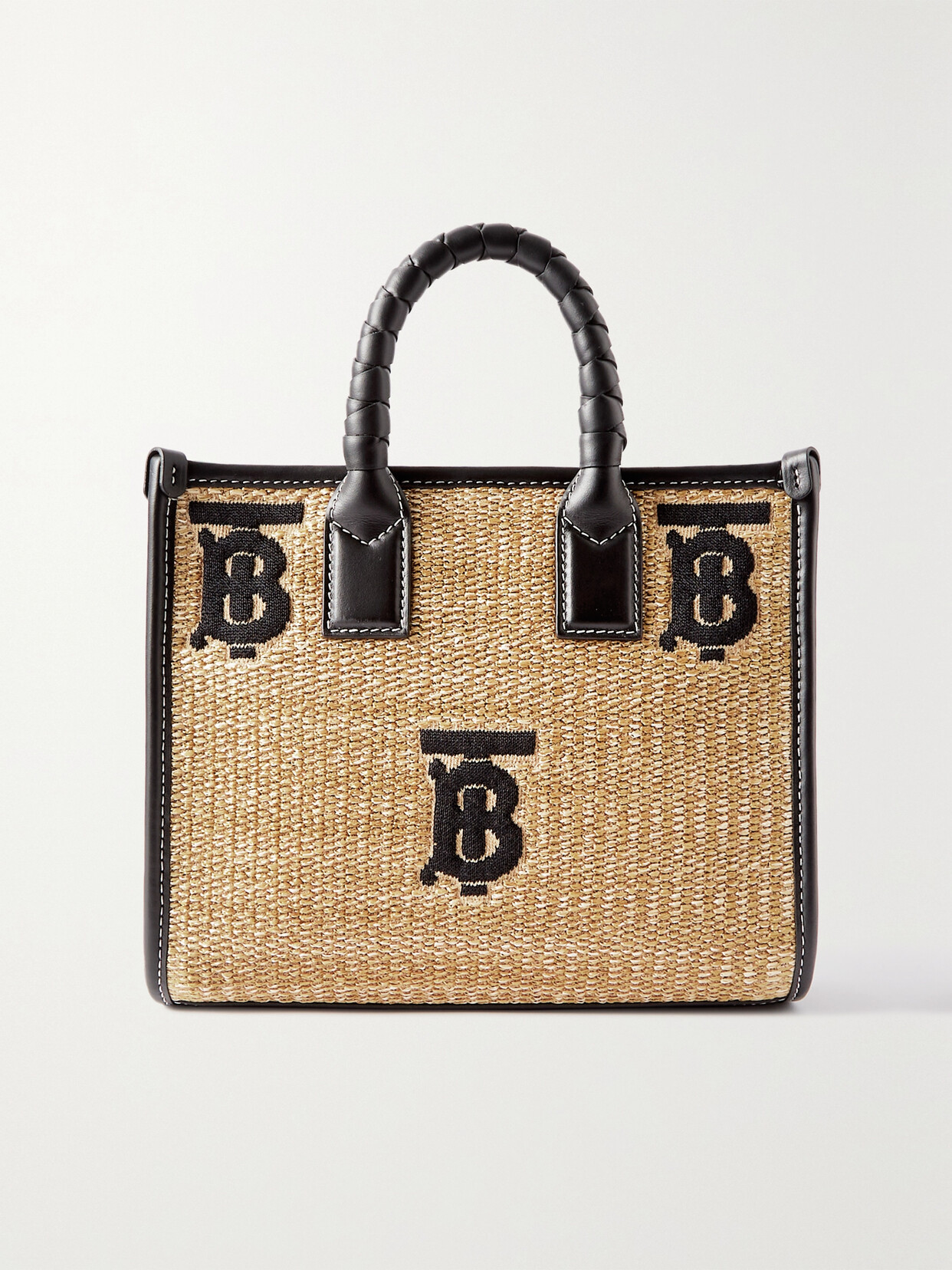 Burberry - Freya Leather-trimmed Embroidered Raffia Tote - Black