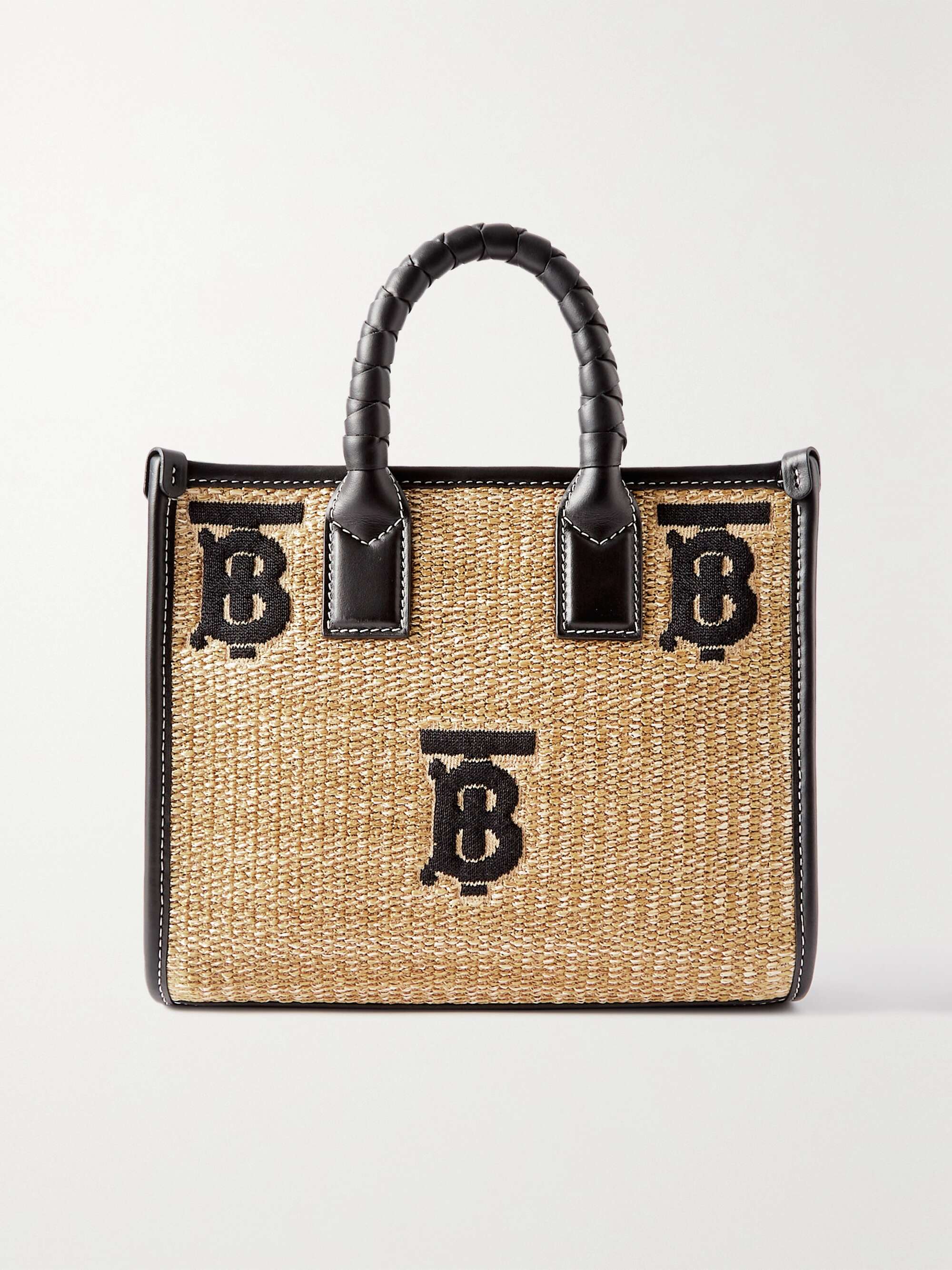 BURBERRY Freya leather-trimmed embroidered raffia tote | NET-A-PORTER