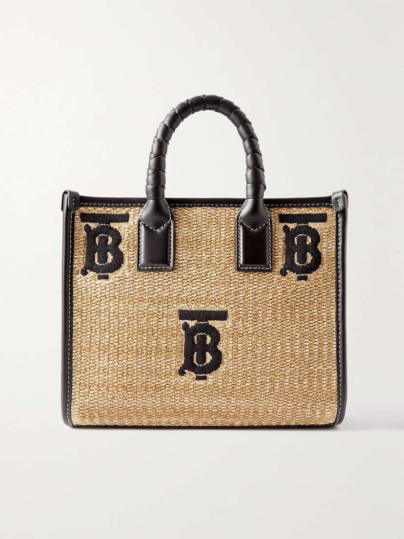 Burberry Freya Leather-trimmed Embroidered Raffia Tote