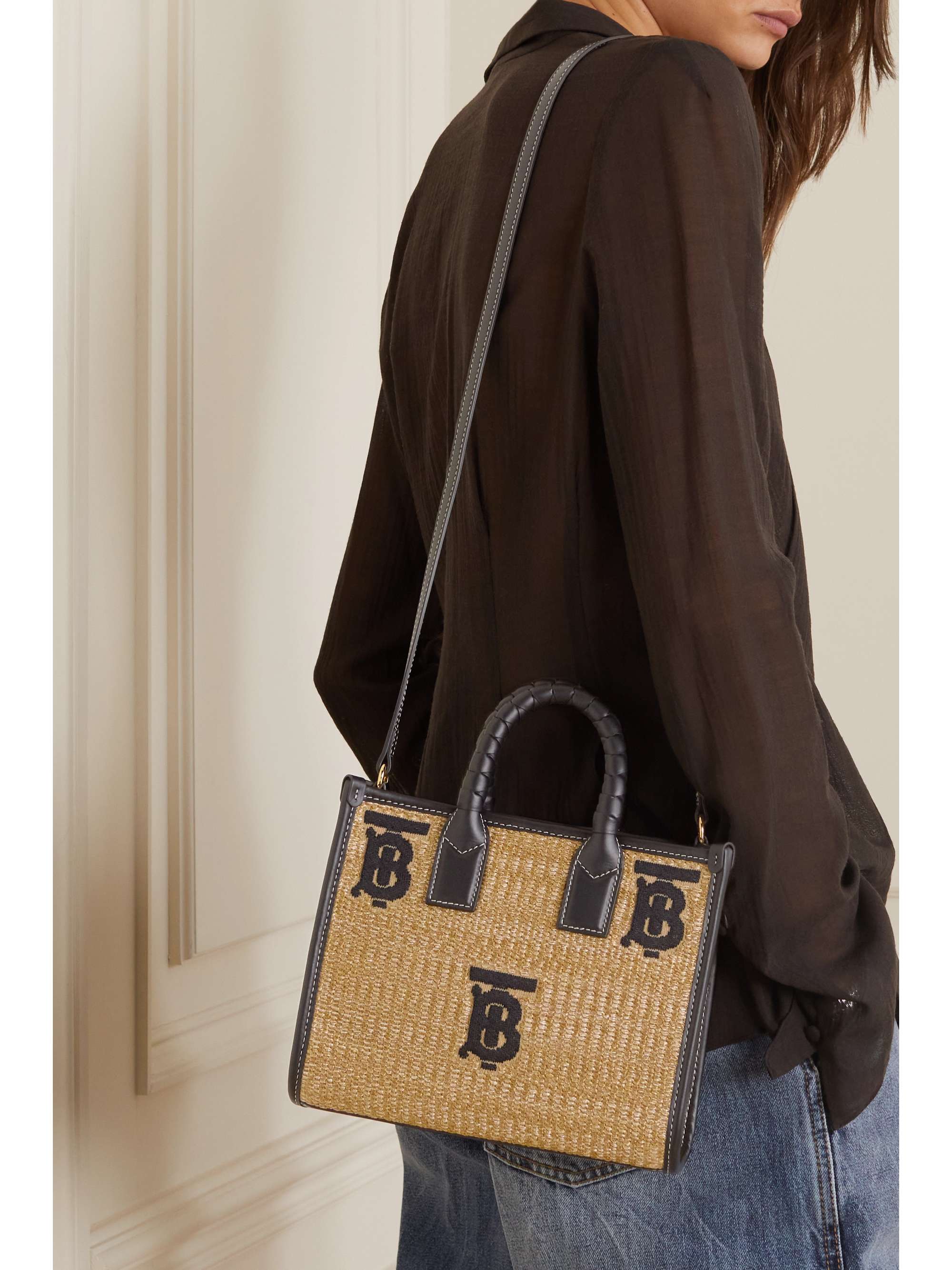 BURBERRY Freya leather-trimmed embroidered raffia tote