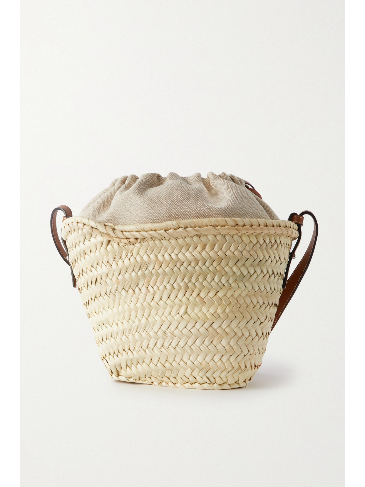 Shop Loewe + Paula's Ibiza Leather-trimmed Raffia Bucket Bag In Brown