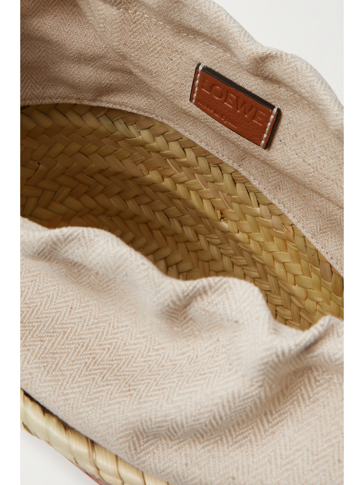 Shop Loewe + Paula's Ibiza Leather-trimmed Raffia Bucket Bag In Brown