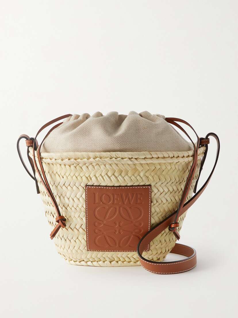 Loewe + Paula's Ibiza Leather-trimmed Raffia Bucket Bag