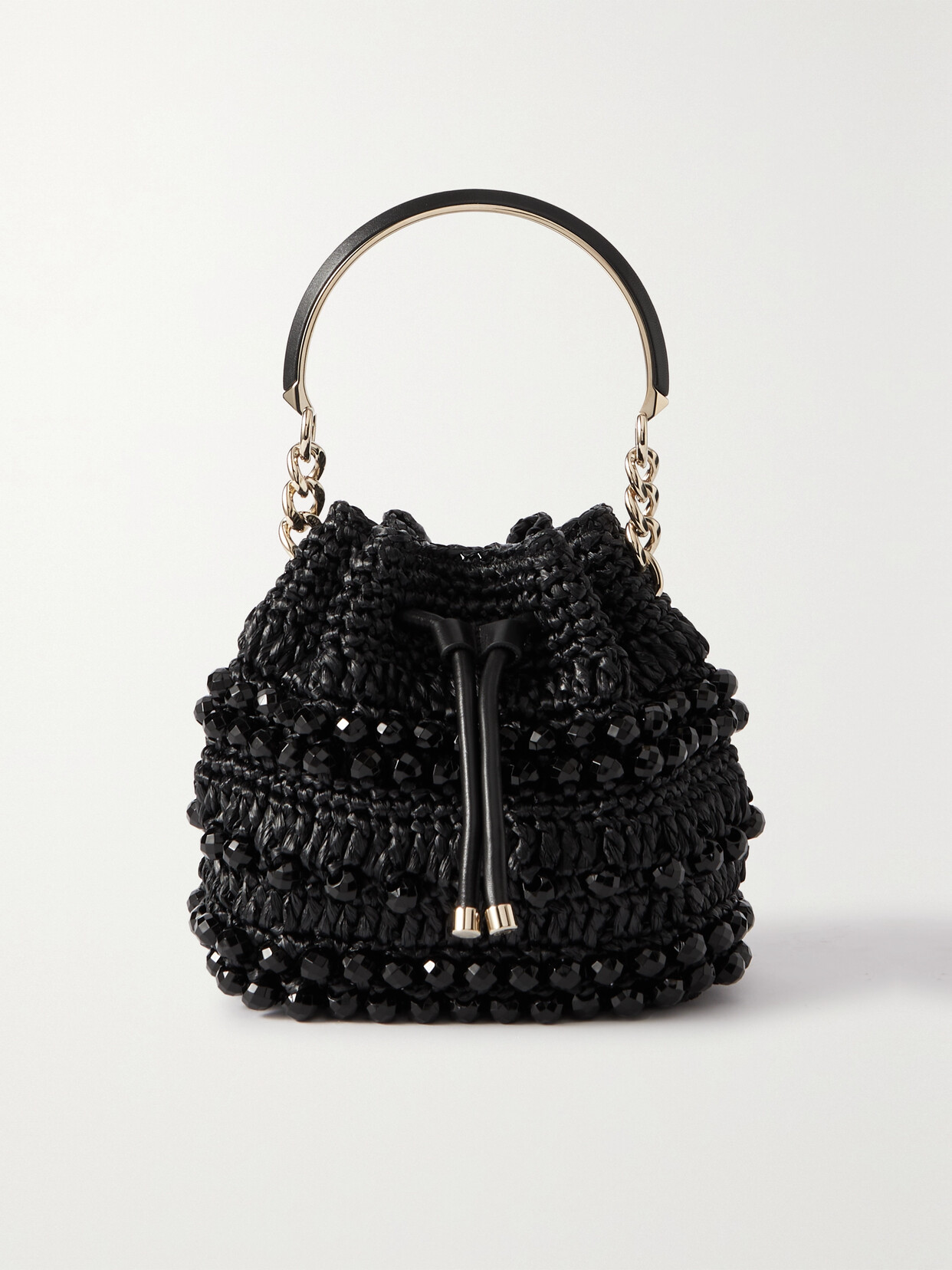 Jimmy Choo - Bon Bon Leather-trimmed Bead-embellished Raffia Bucket Bag - Black