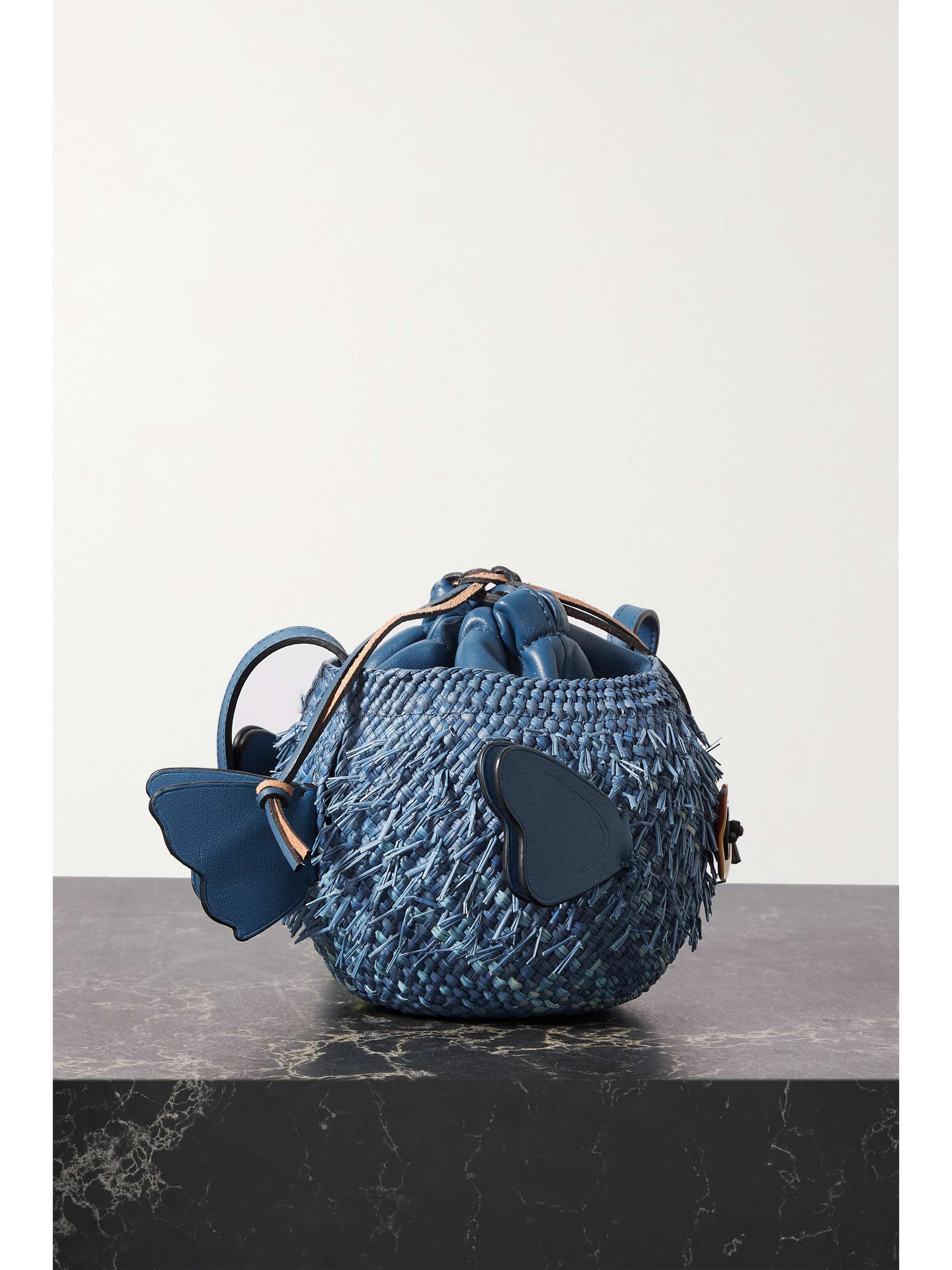 LOEWE + Paula's Ibiza Blowfish small embellished leather-trimmed raffia bucket bag