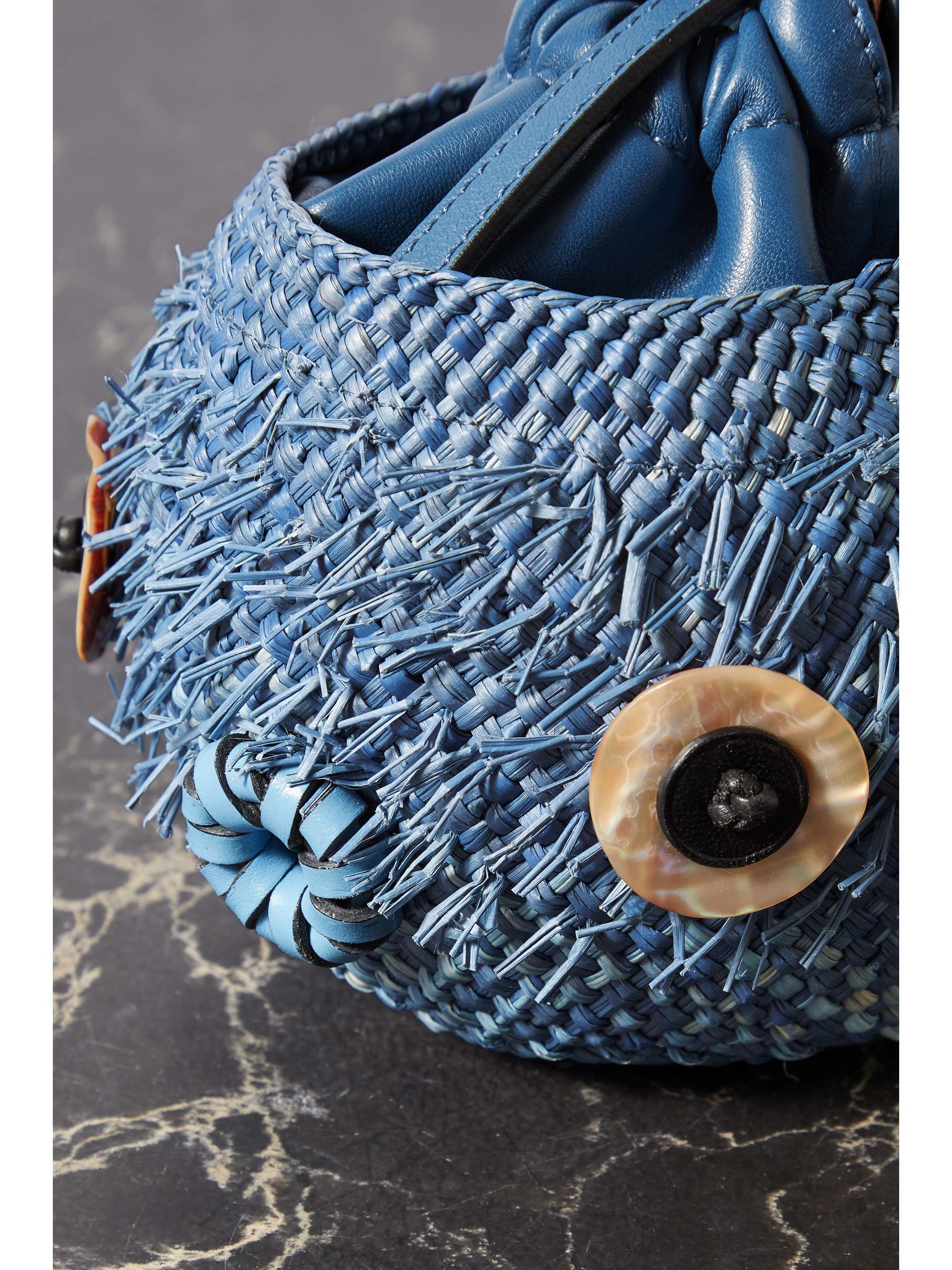 LOEWE + Paula's Ibiza Blowfish small embellished leather-trimmed raffia bucket bag