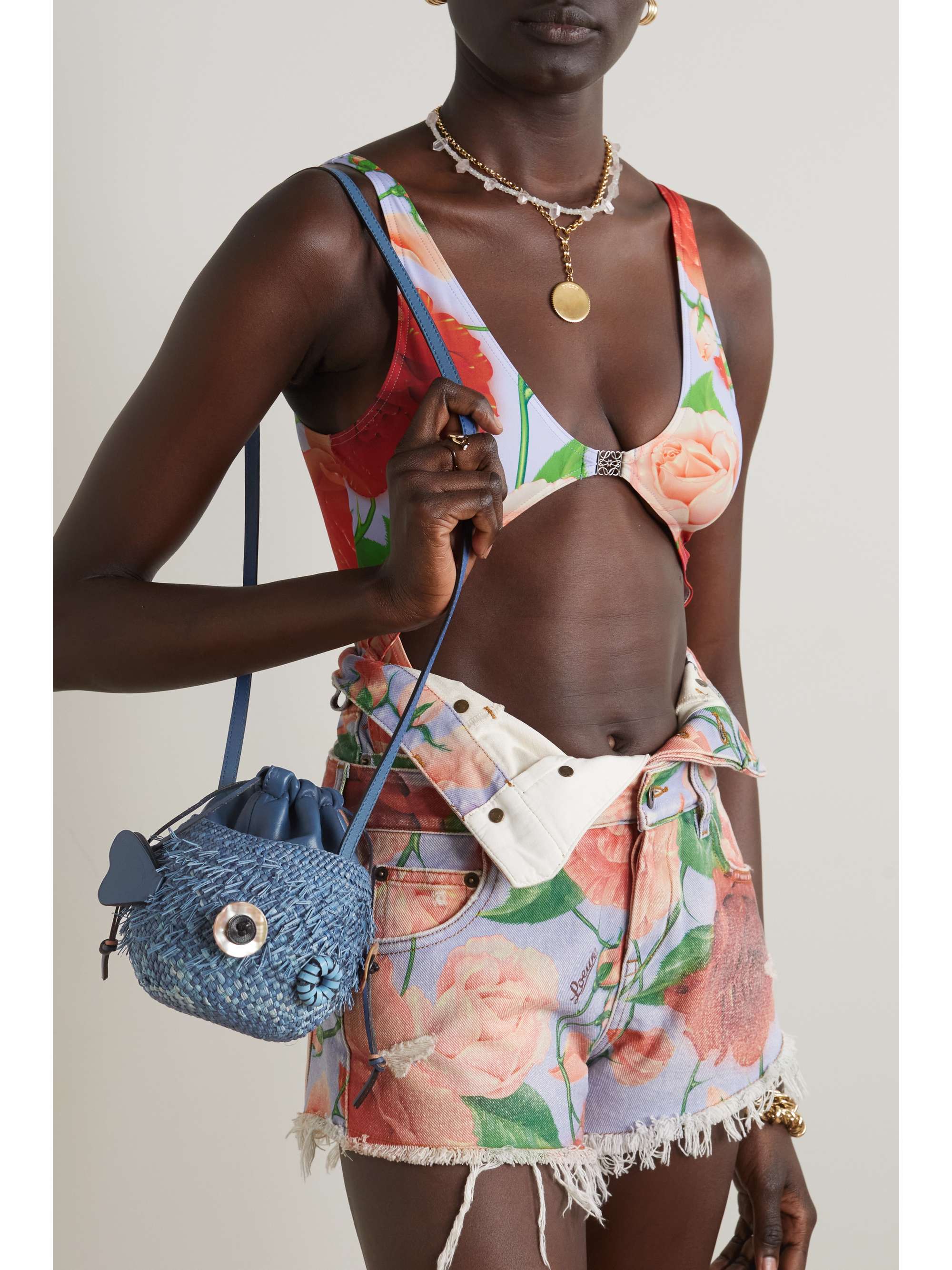 LOEWE + Paula's Ibiza Blowfish small embellished leather-trimmed raffia bucket bag
