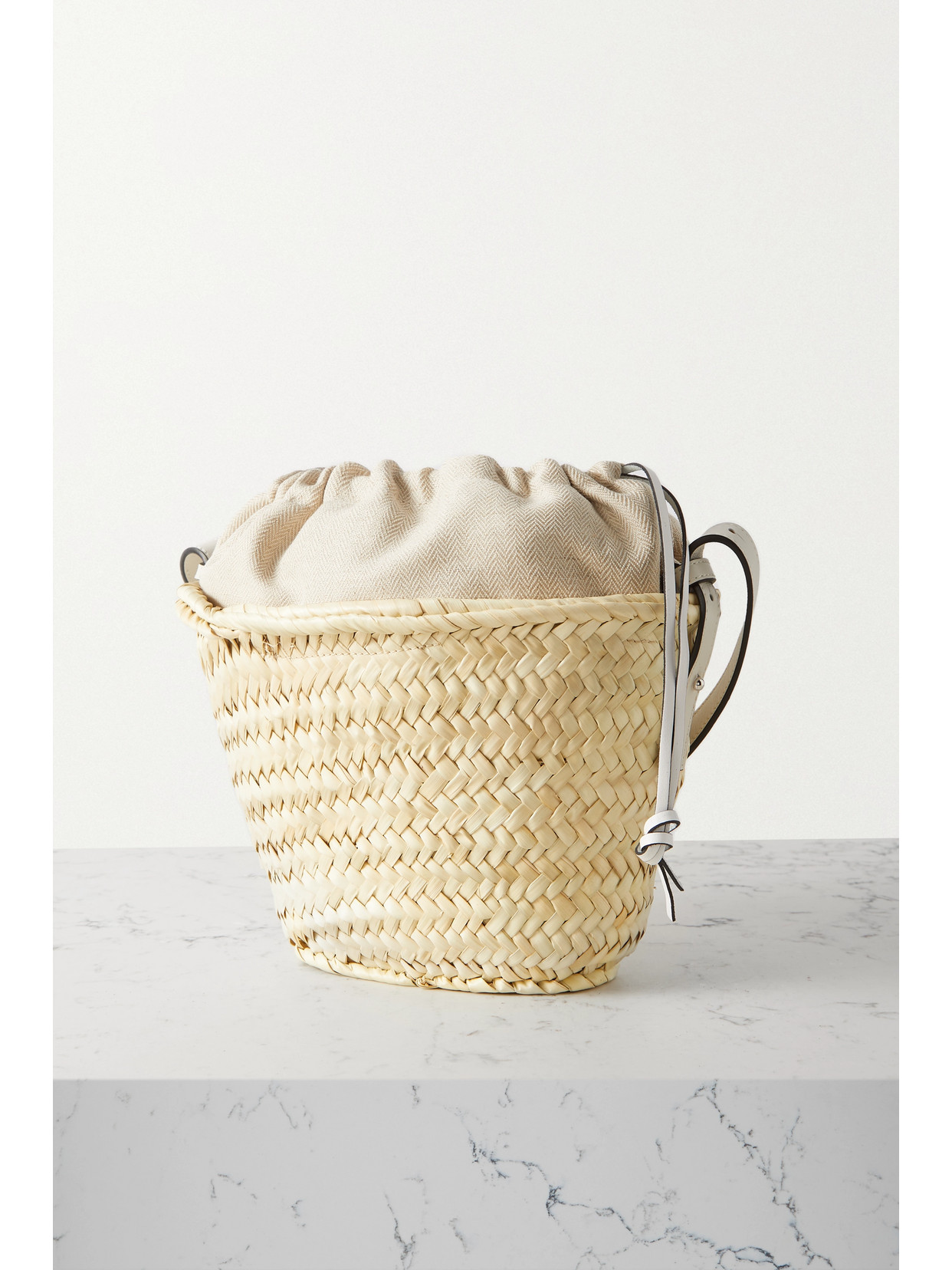 Loewe X Paula's Ibiza Basket Bucket Bag In Palm Leaf With Drawstring Pouch And Leather Strap In White
