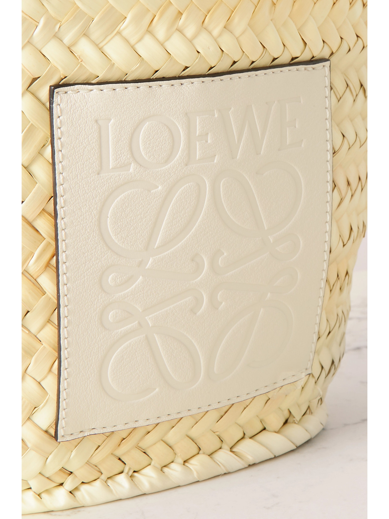 Loewe X Paula's Ibiza Basket Bucket Bag In Palm Leaf With Drawstring Pouch And Leather Strap In White