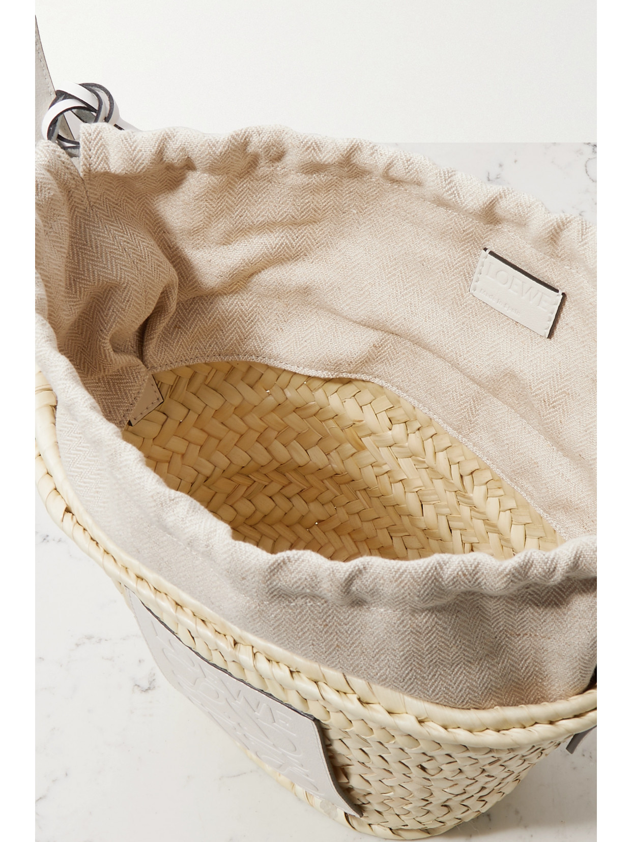 Loewe X Paula's Ibiza Basket Bucket Bag In Palm Leaf With Drawstring Pouch And Leather Strap In White