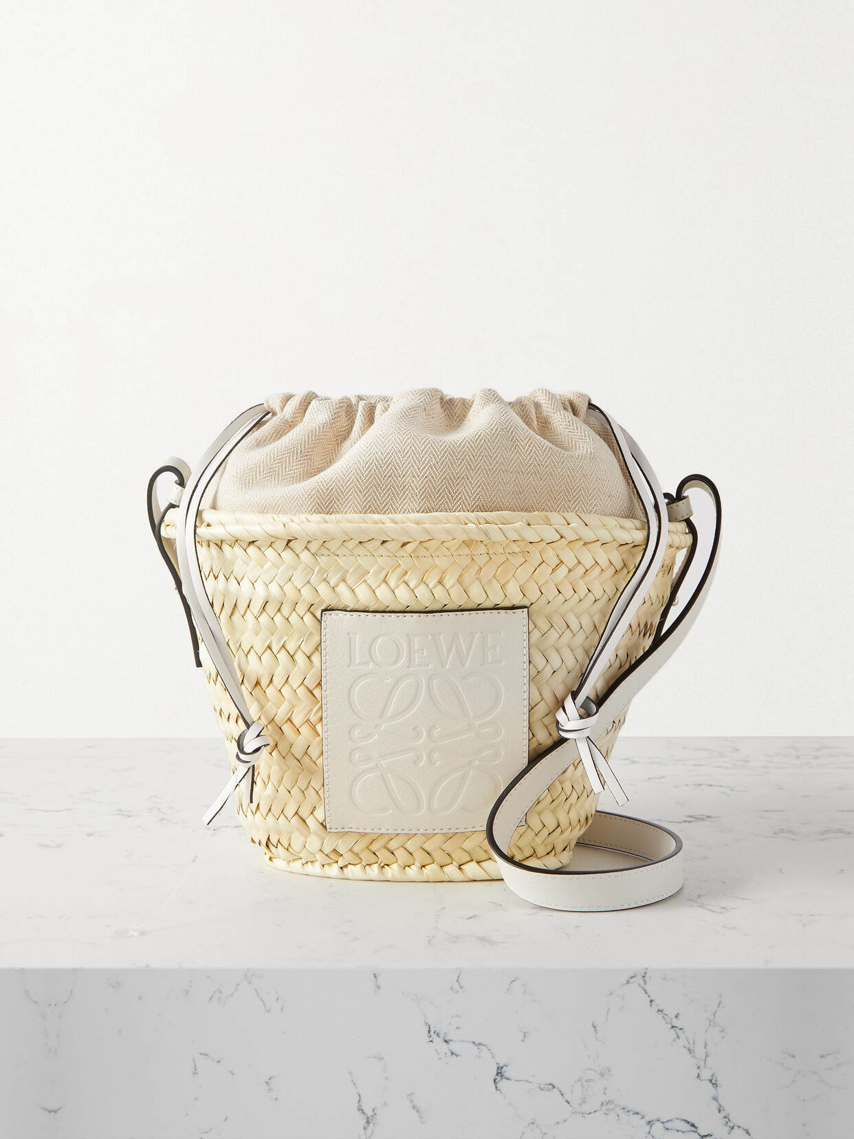 Loewe + Paula's Ibiza Leather-trimmed Raffia Bucket Bag In White