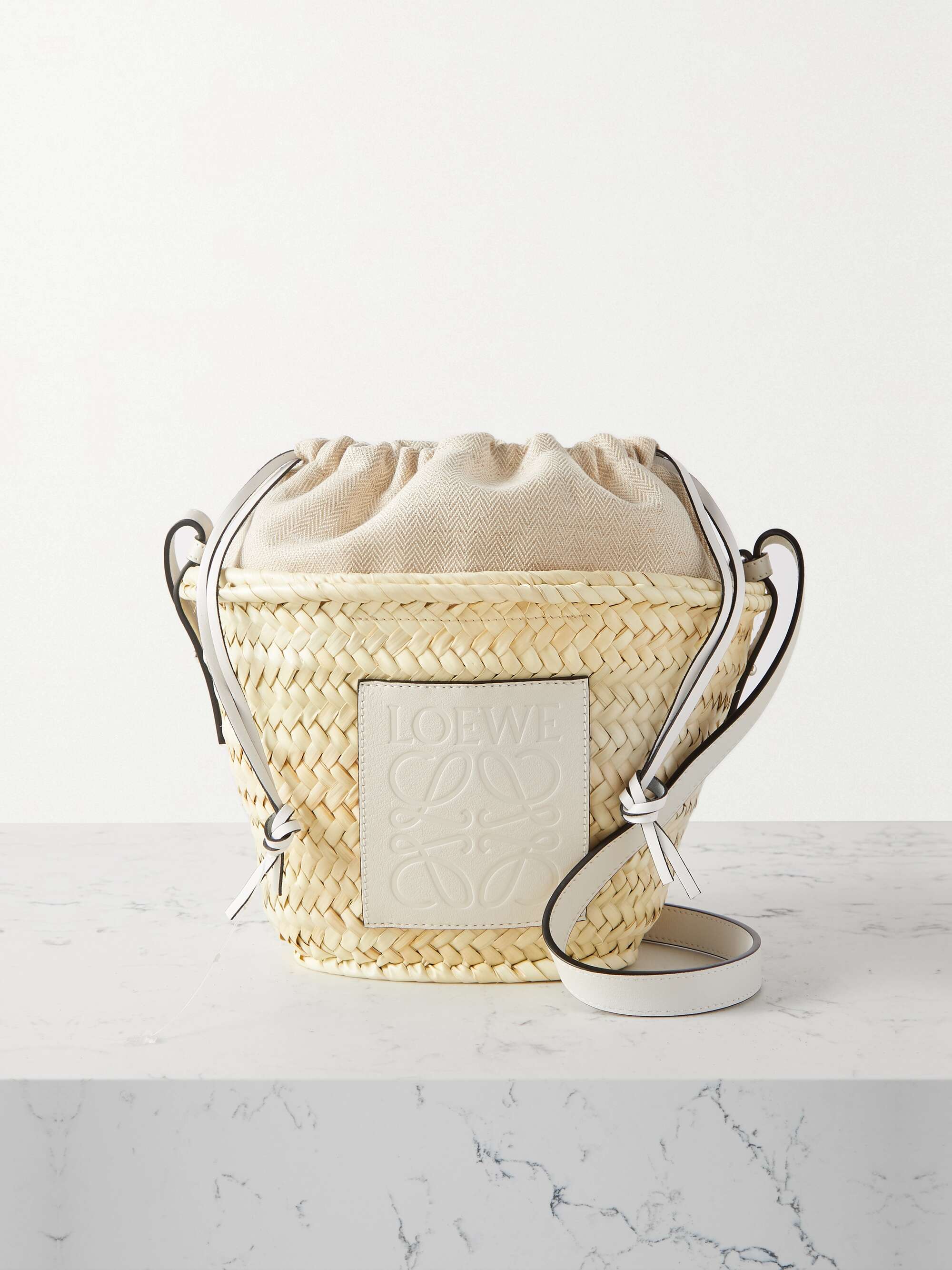 Loewe + Paula's Ibiza Leather-trimmed Woven Raffia And Hemp Bucket