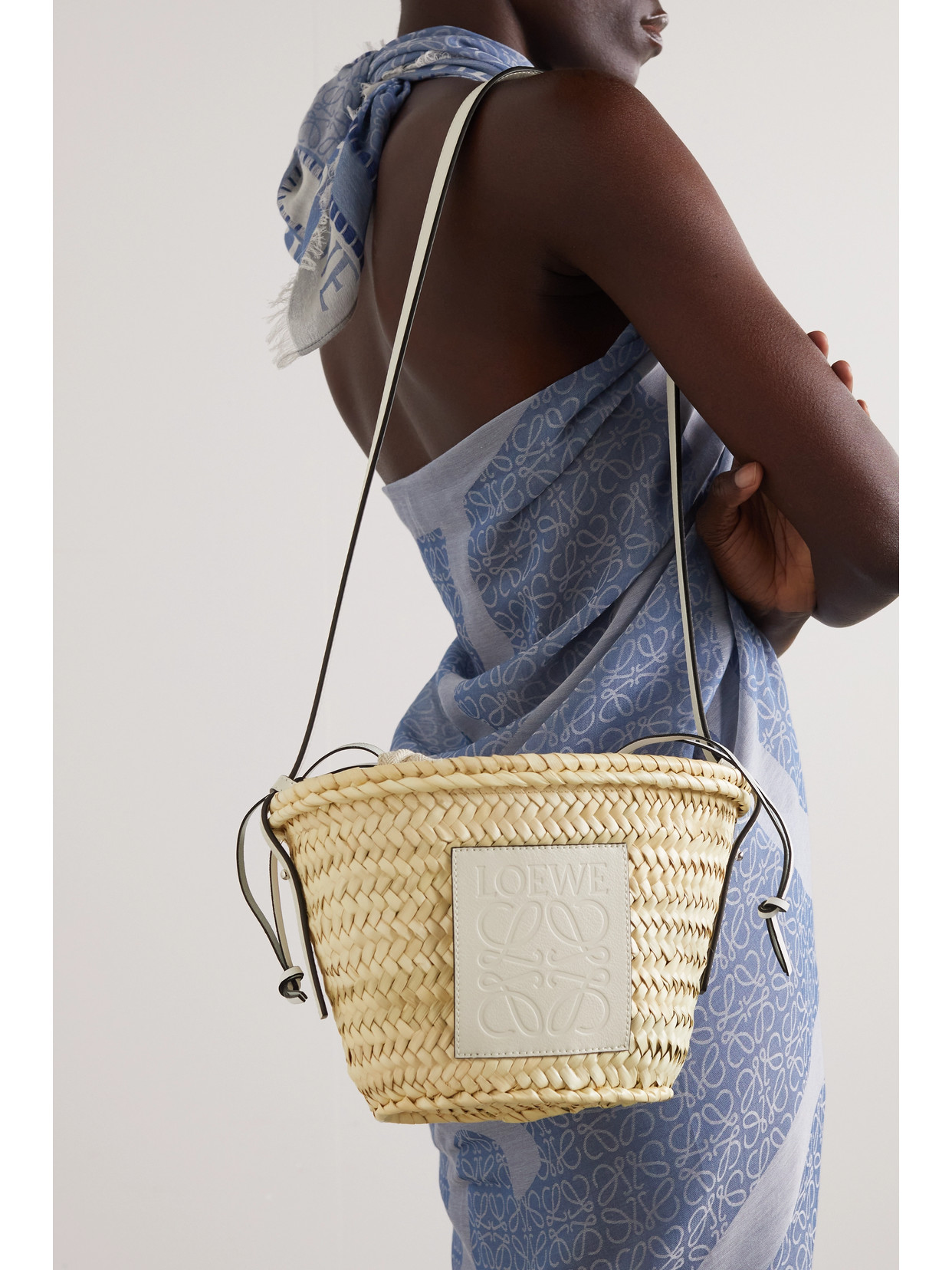 Loewe X Paula's Ibiza Basket Bucket Bag In Palm Leaf With Drawstring Pouch And Leather Strap In White