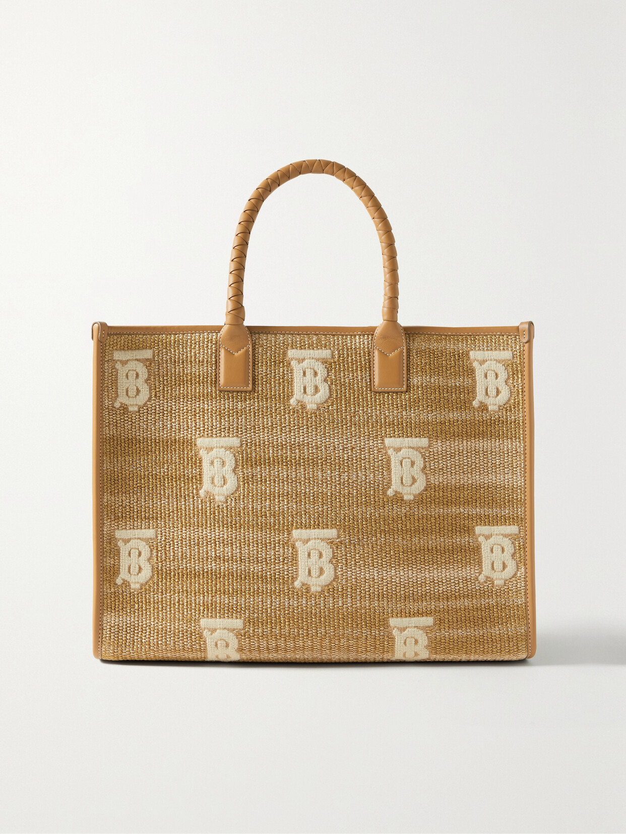 Shop Burberry Freya Leather-trimmed Embroidered Raffia Tote In Neutrals