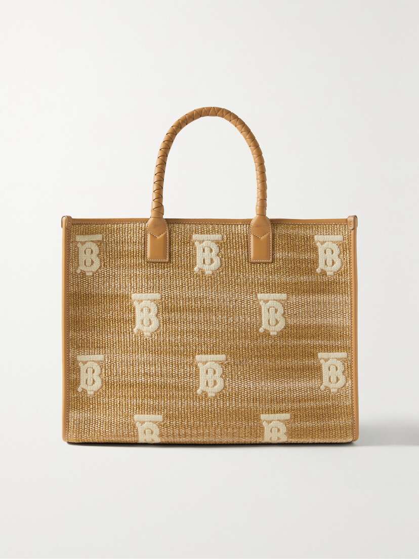 Burberry Freya Leather-trimmed Embroidered Raffia Tote -  - One size