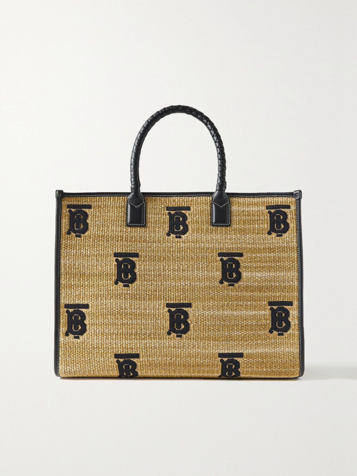 Burberry Freya Medium Leather-trimmed Embroidered Raffia Tote In Black