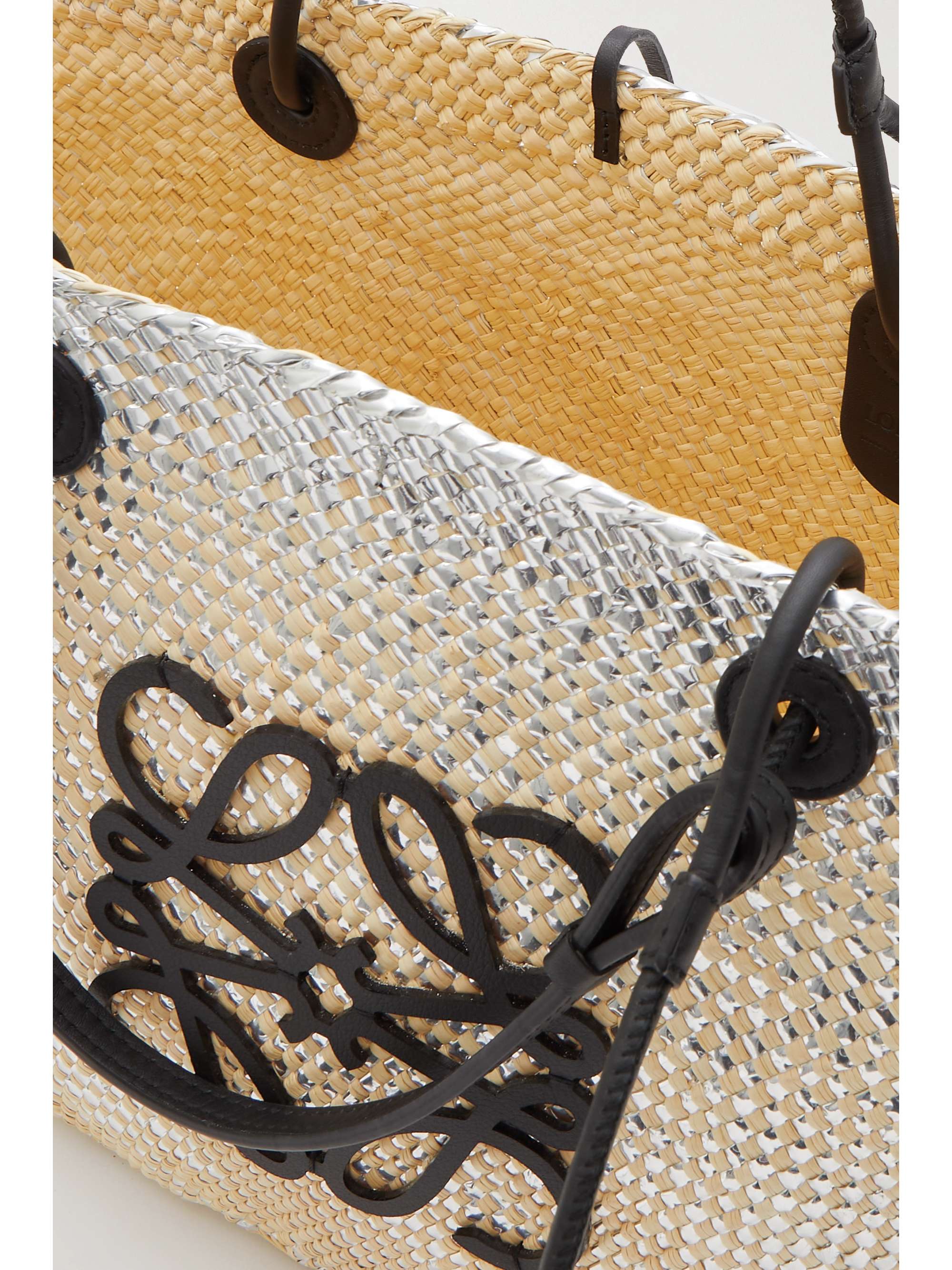 LOEWE + Paula's Ibiza medium leather-trimmed metallic raffia tote