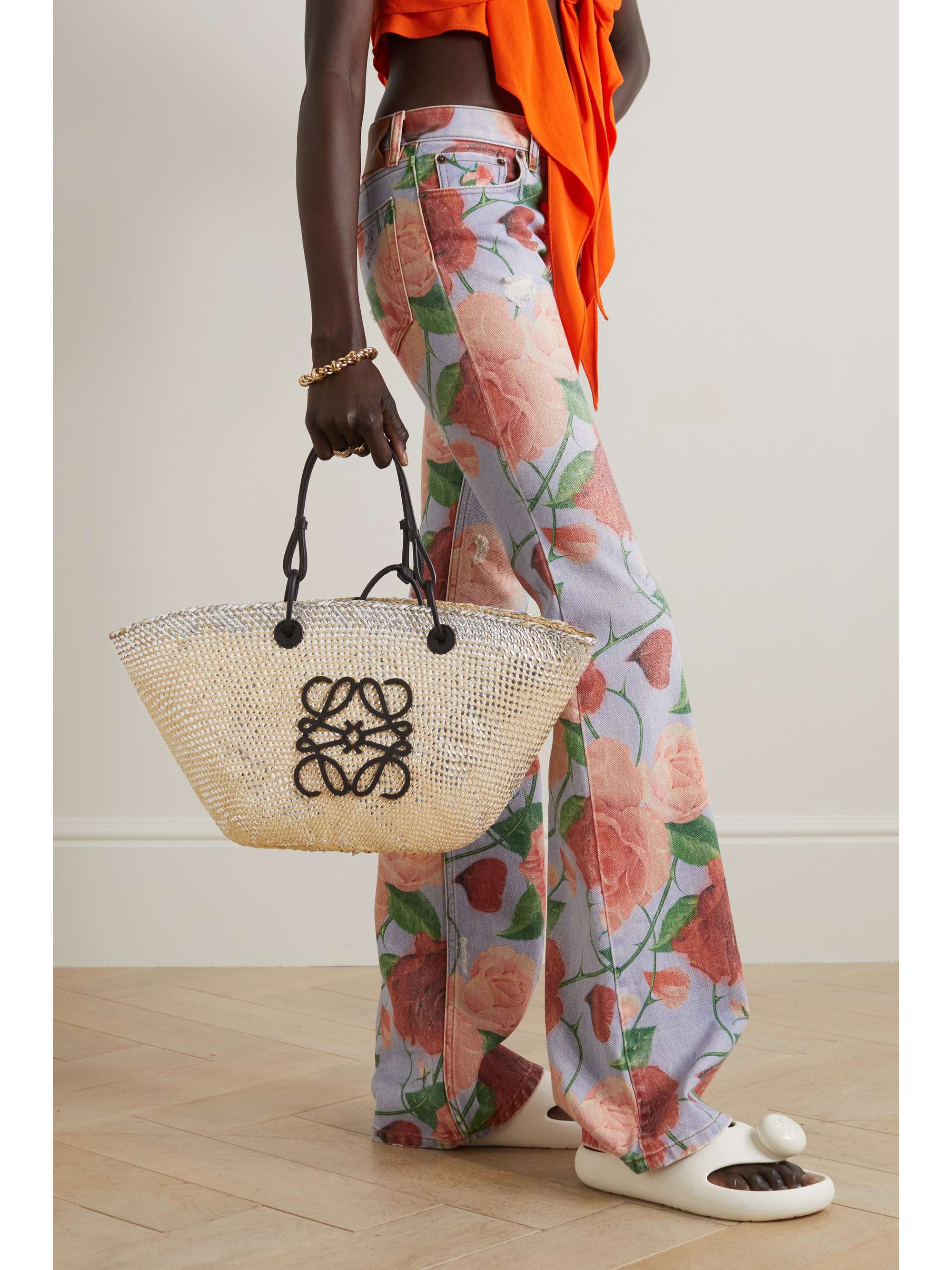 LOEWE + Paula's Ibiza medium leather-trimmed metallic raffia tote