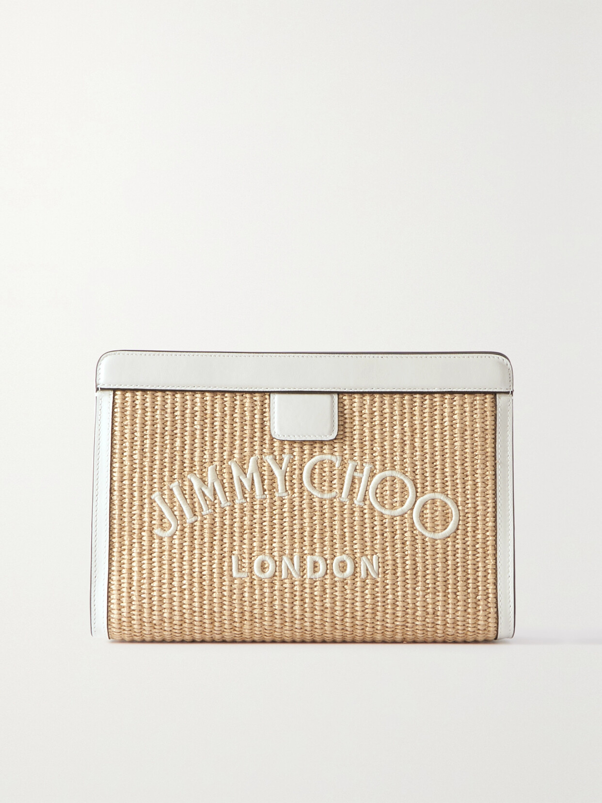 Jimmy Choo Leather-trimmed Embroidered Raffia Clutch In Beige