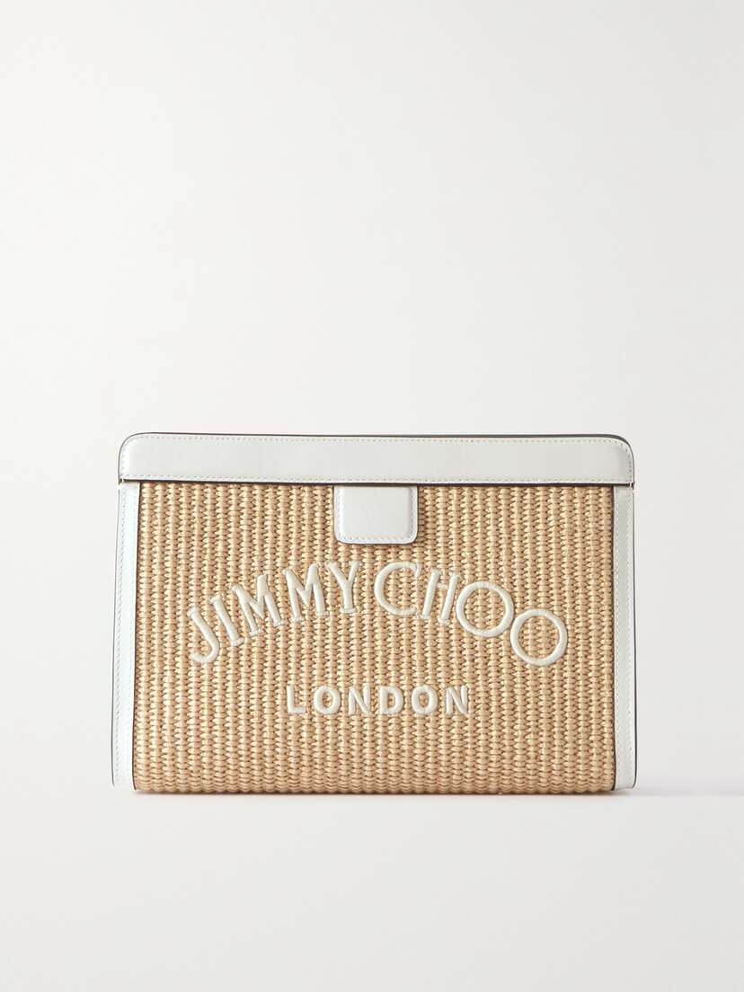 Jimmy Choo Avenue Leather-trimmed Embroidered Raffia Clutch