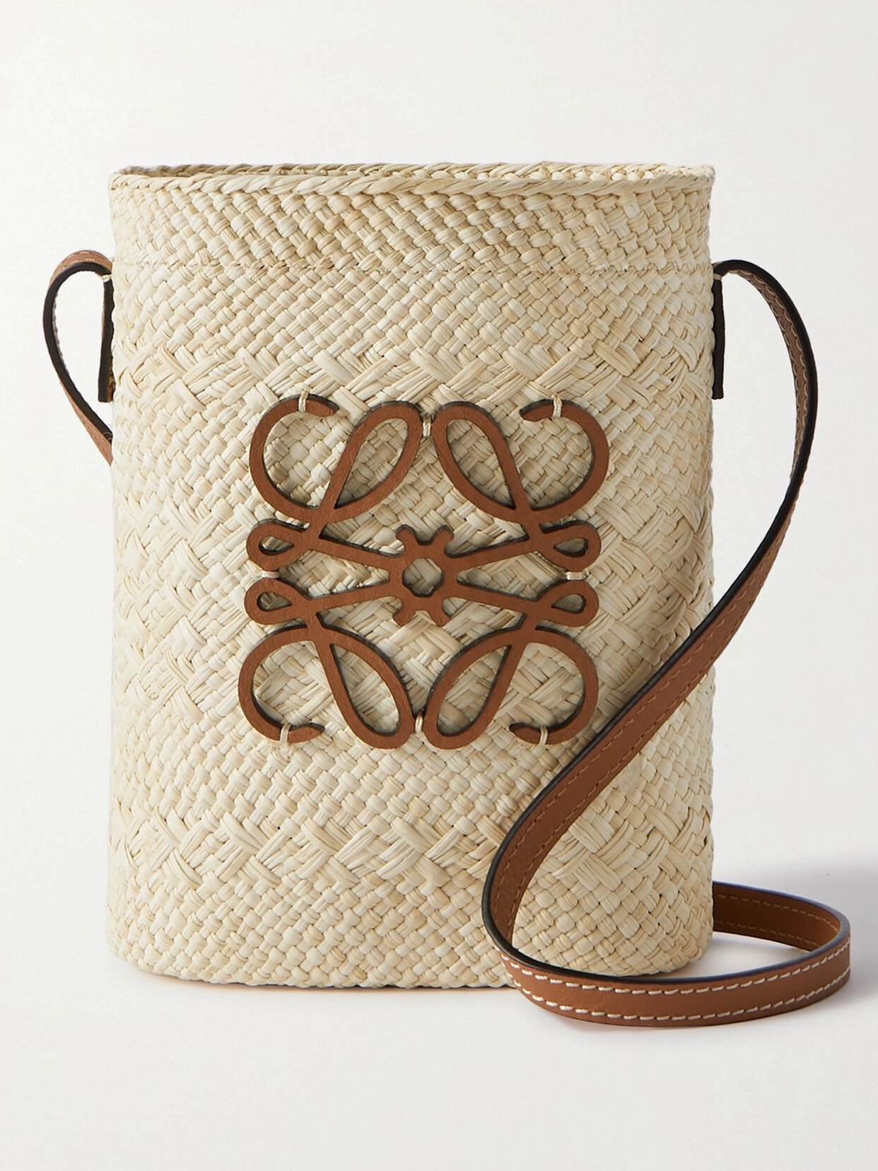 Loewe + Paula's Ibiza Square Pocket Leather-trimmed Raffia Bucket Bag In Brown