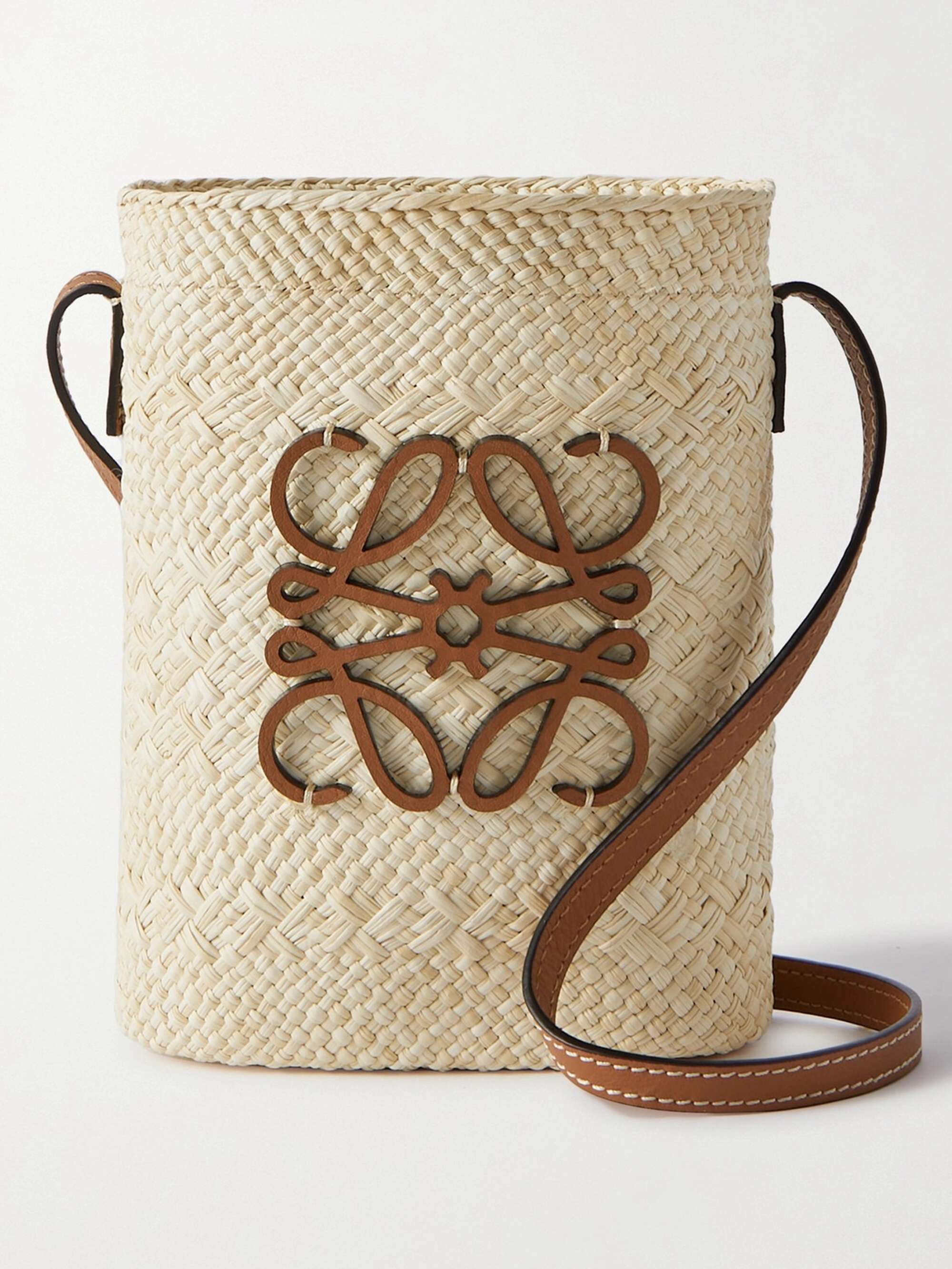 + Paula's Ibiza Square Pocket leather-trimmed raffia bucket bag