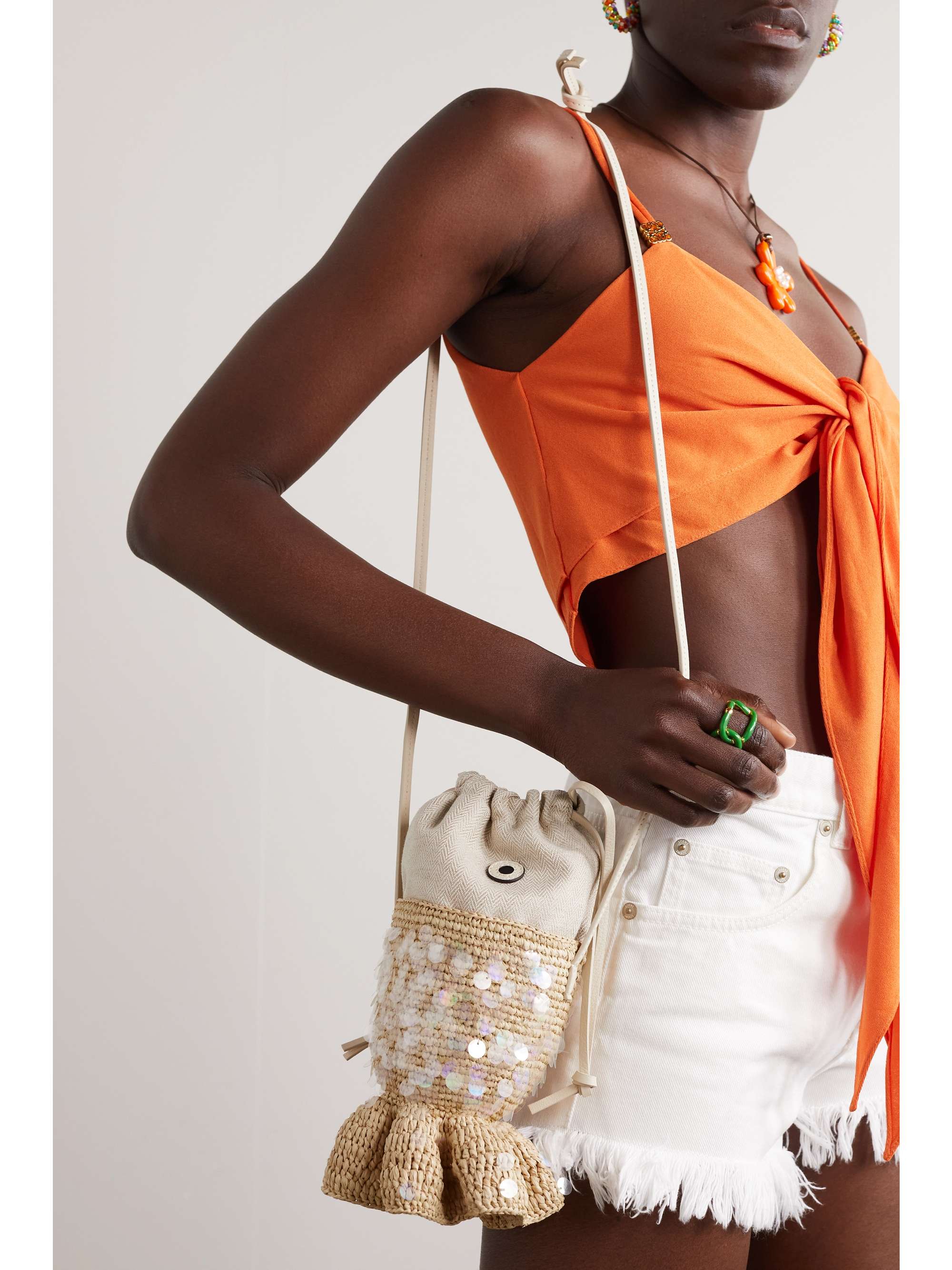 LOEWE + Paula's Ibiza embellished raffia and canvas shoulder bag