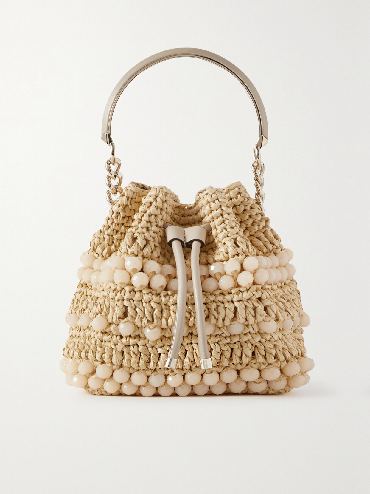 Jimmy Choo - Bon Bon Leather-trimmed Bead-embellished Raffia Bucket Bag - Neutrals