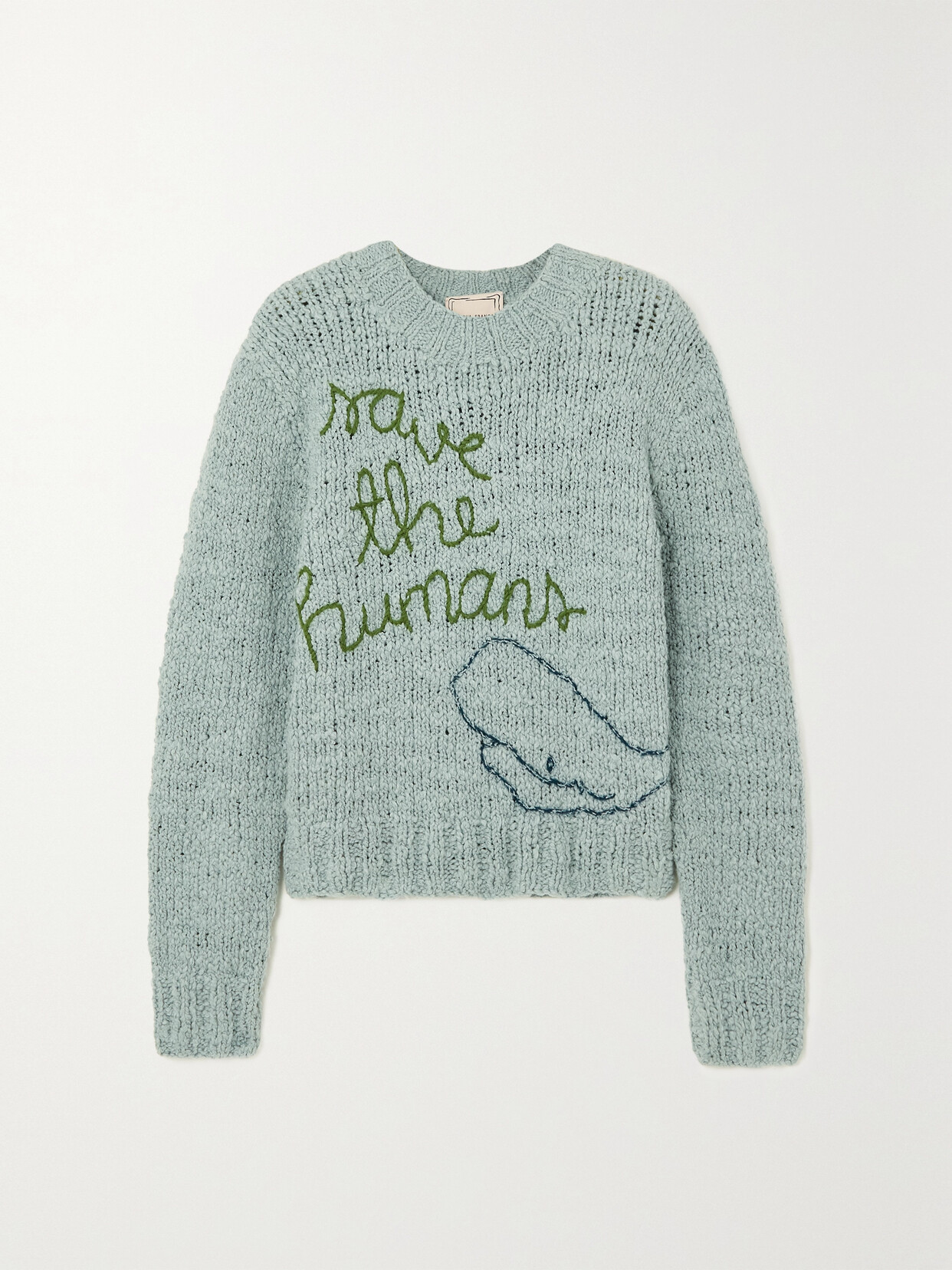 Lingua Franca - Save The Humans Embroidered Cotton Sweater - Blue