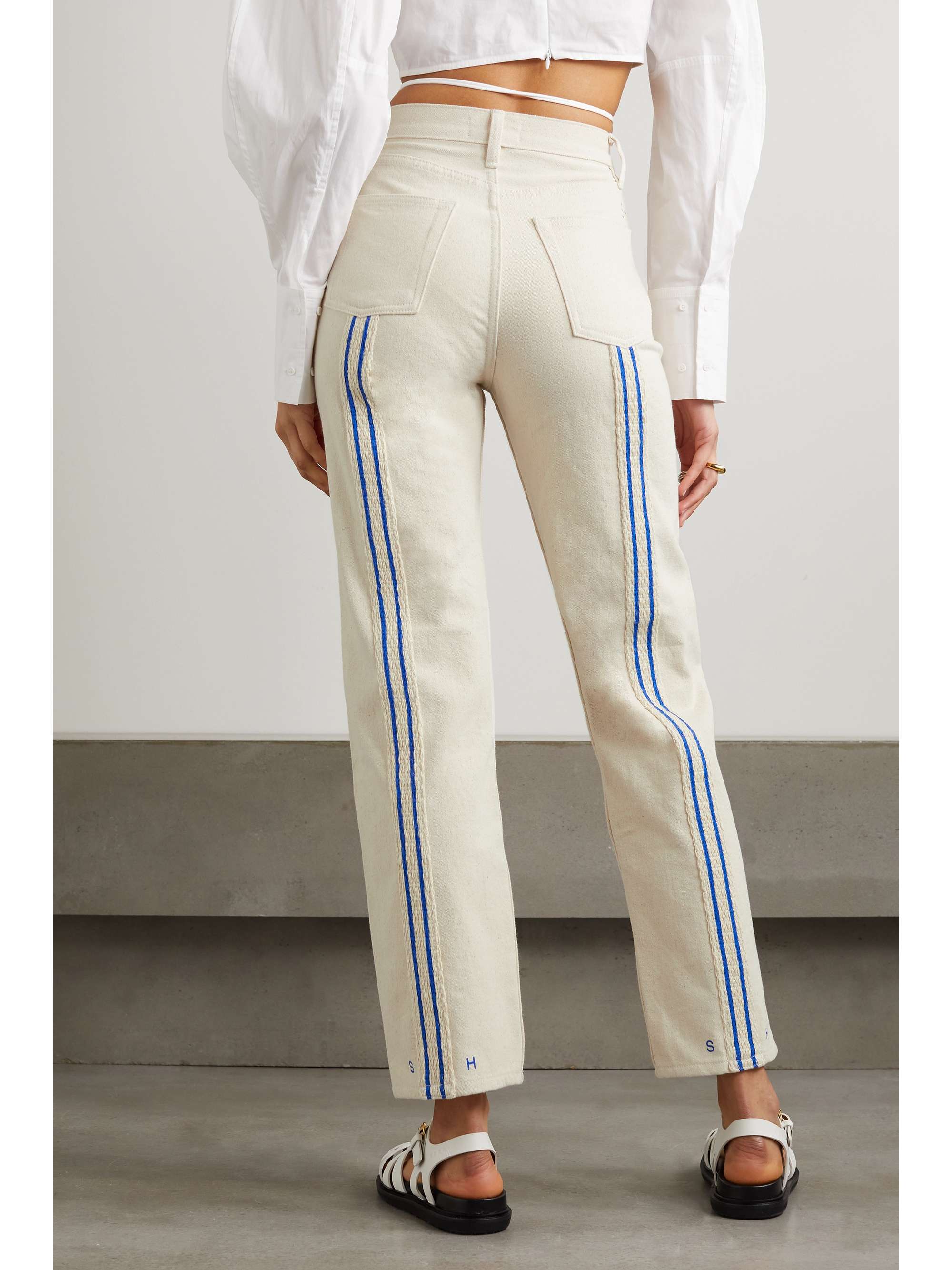 STILL HERE Blue Ridge embroidered crochet-trimmed cotton-twill straight-leg pants