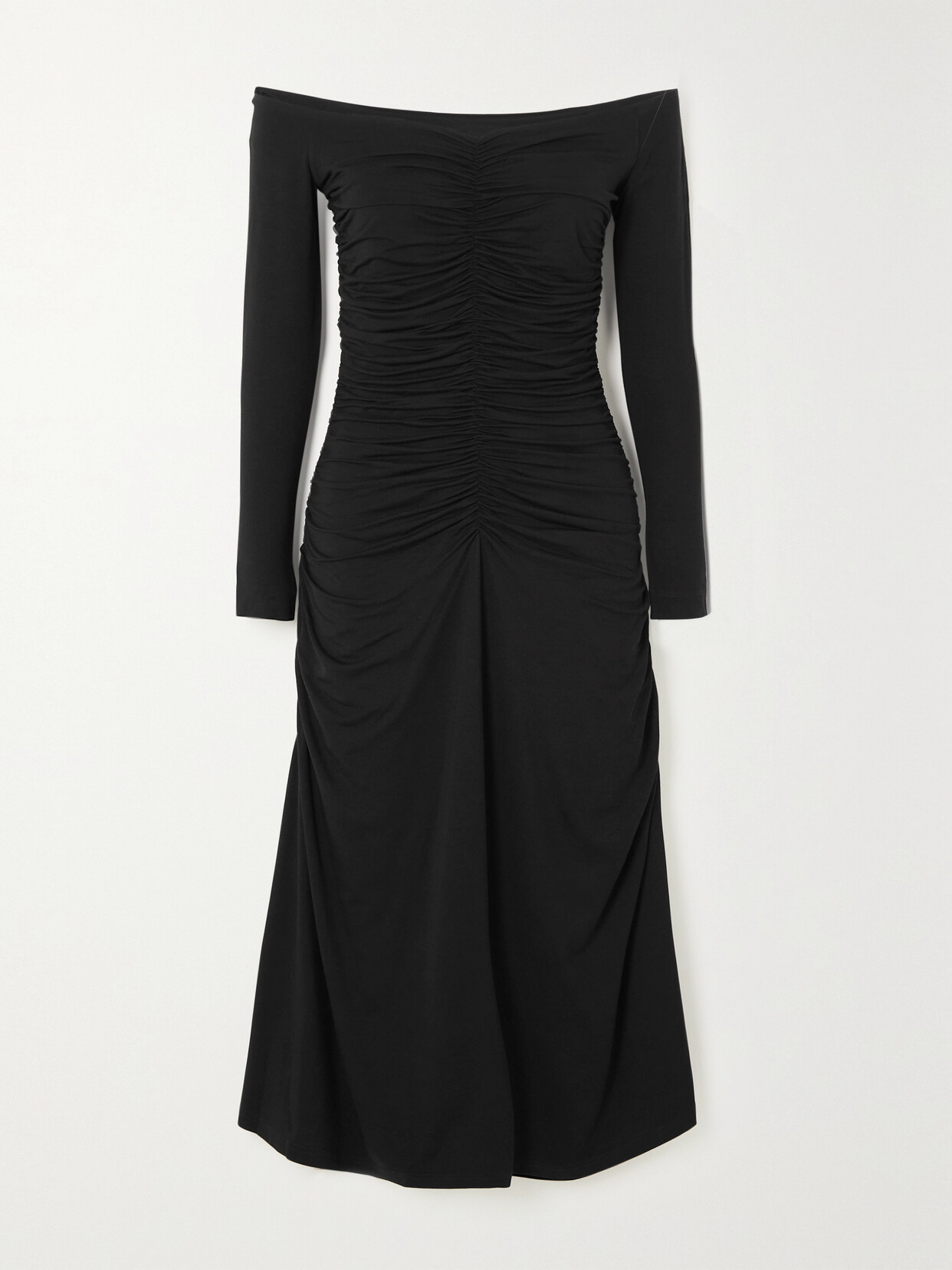 Ninety Percent Osha Off-the-shoulder Ruched Stretch-tencel Lyocell Midi Dress In Black