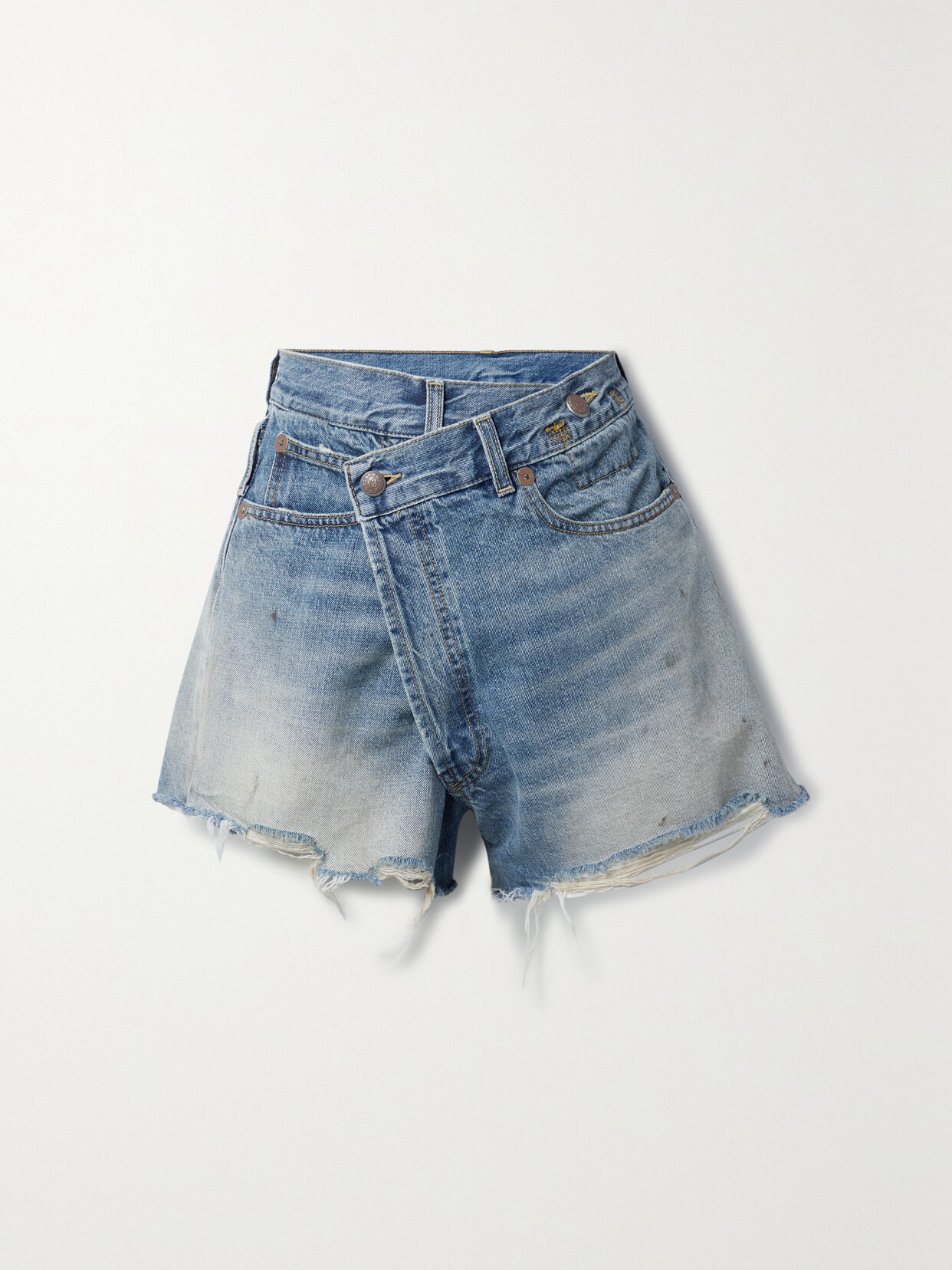 Shop R13 Crossover Asymmetric Distressed Denim Shorts In Blue