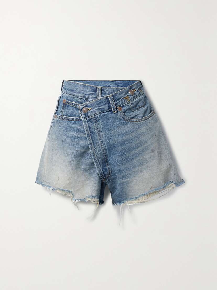 R13 Crossover Asymmetric Distressed Denim Shorts