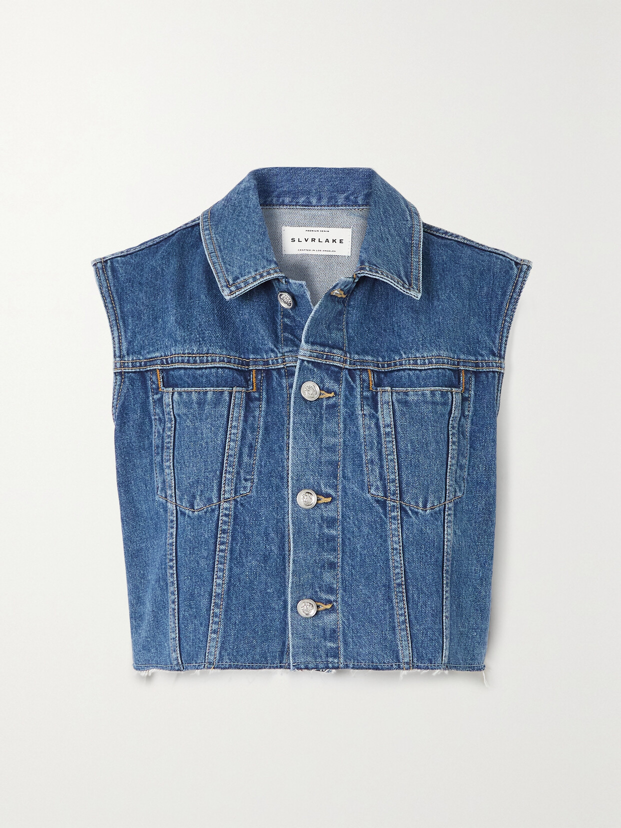 SLVRLAKE - + Net Sustain Maya Cropped Frayed Organic Denim Vest - Blue