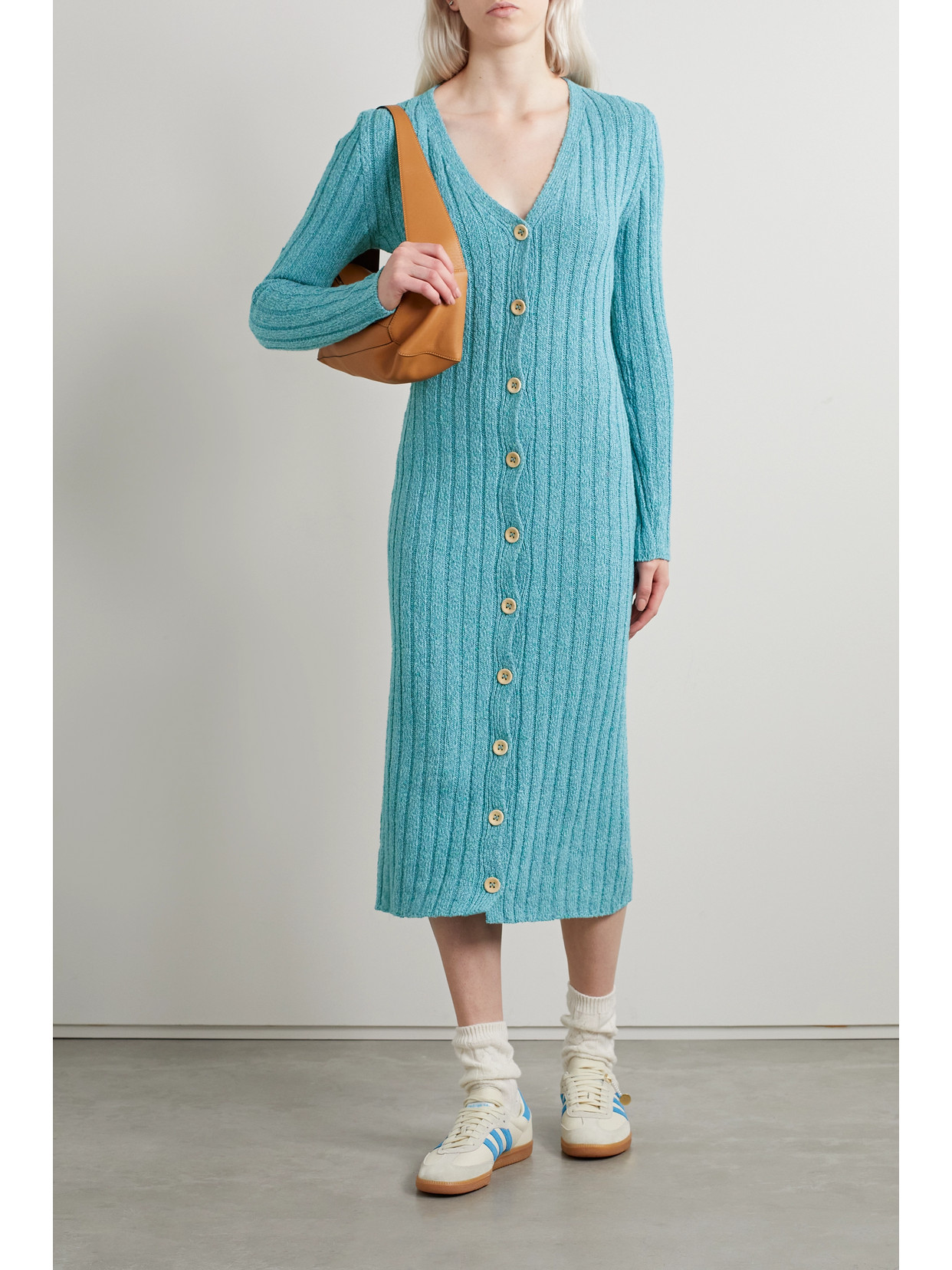 Shop The Elder Statesman June Ribbed Cotton, Linen And Silk-blend Midi Dress In Blue