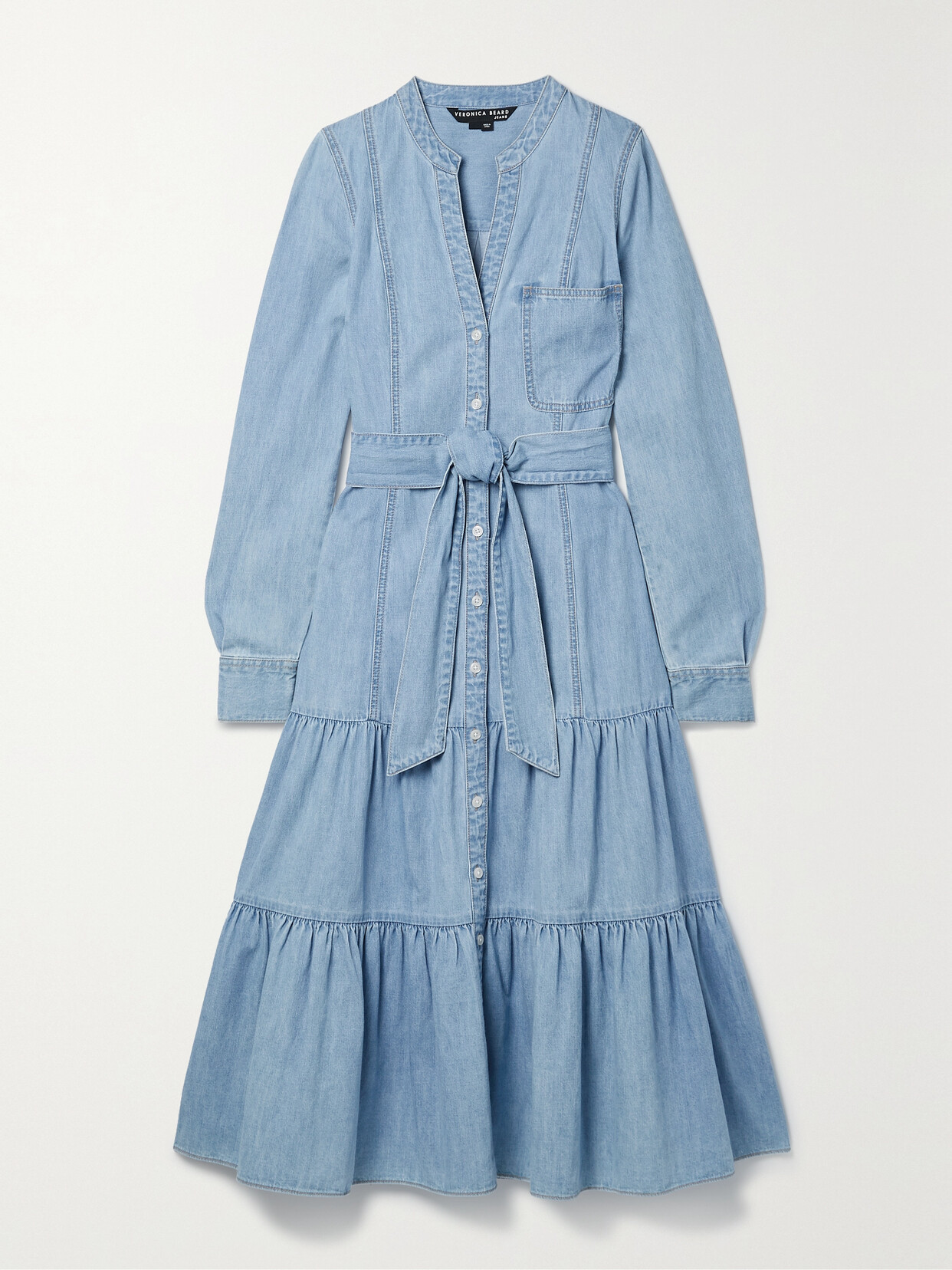 Veronica Beard - Kova Belted Tiered Linen And Cotton-blend Chambray Midi Dress - Blue