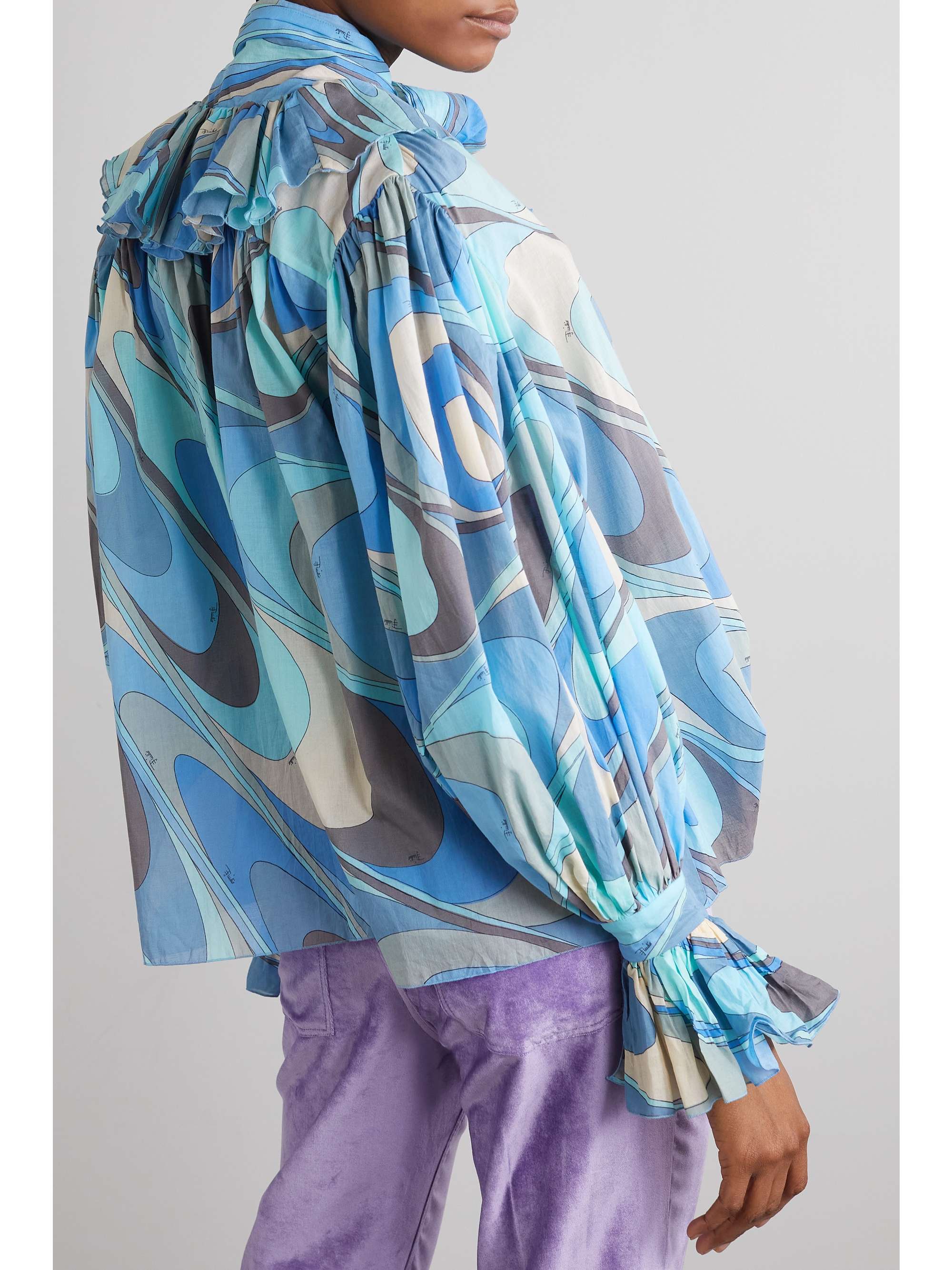 PUCCI Onde Bluse aus bedrucktem Baumwoll-Voile mit Rüschen