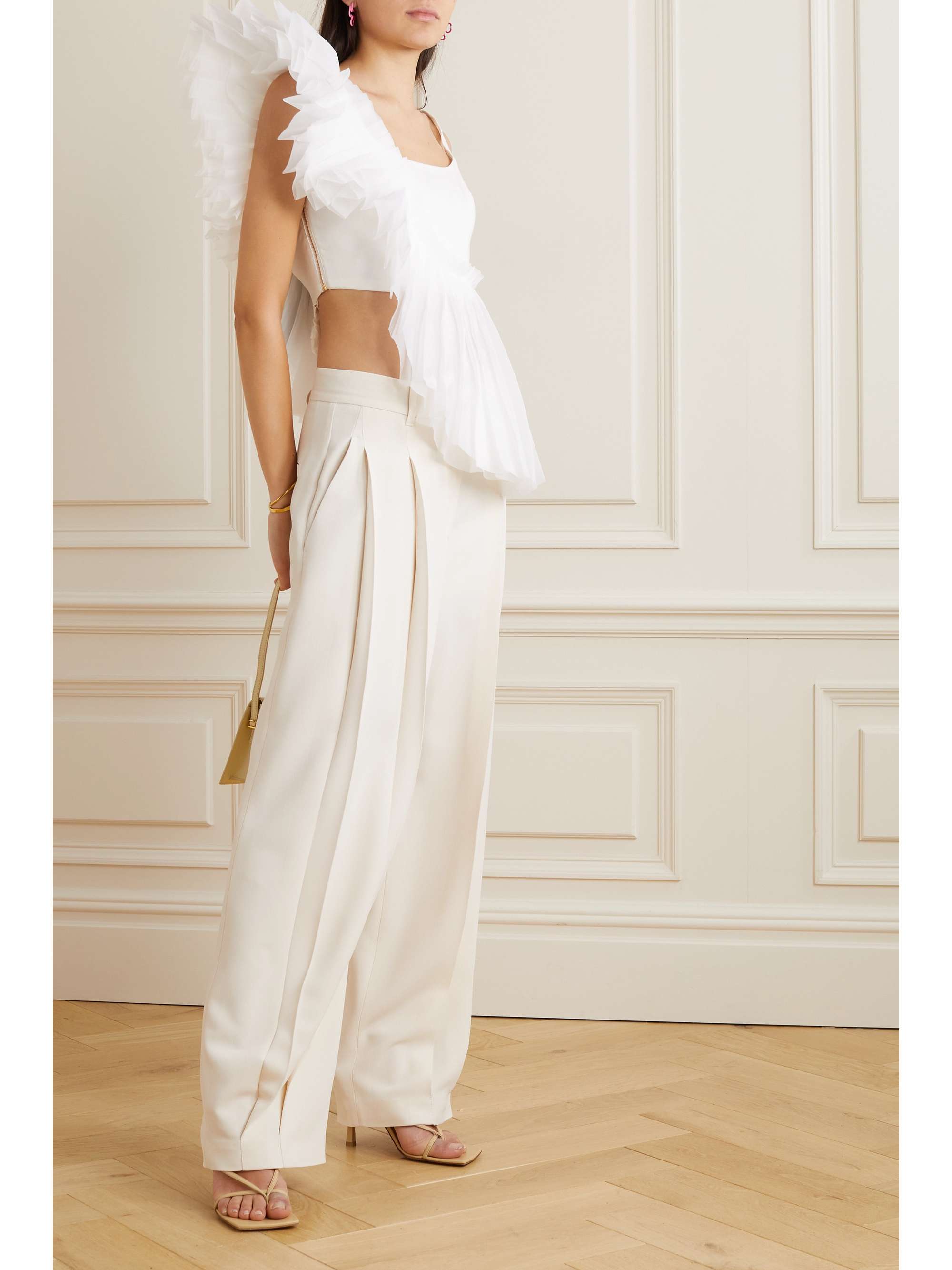 AJE Orbit cropped pleated linenblend and organza top NETAPORTER