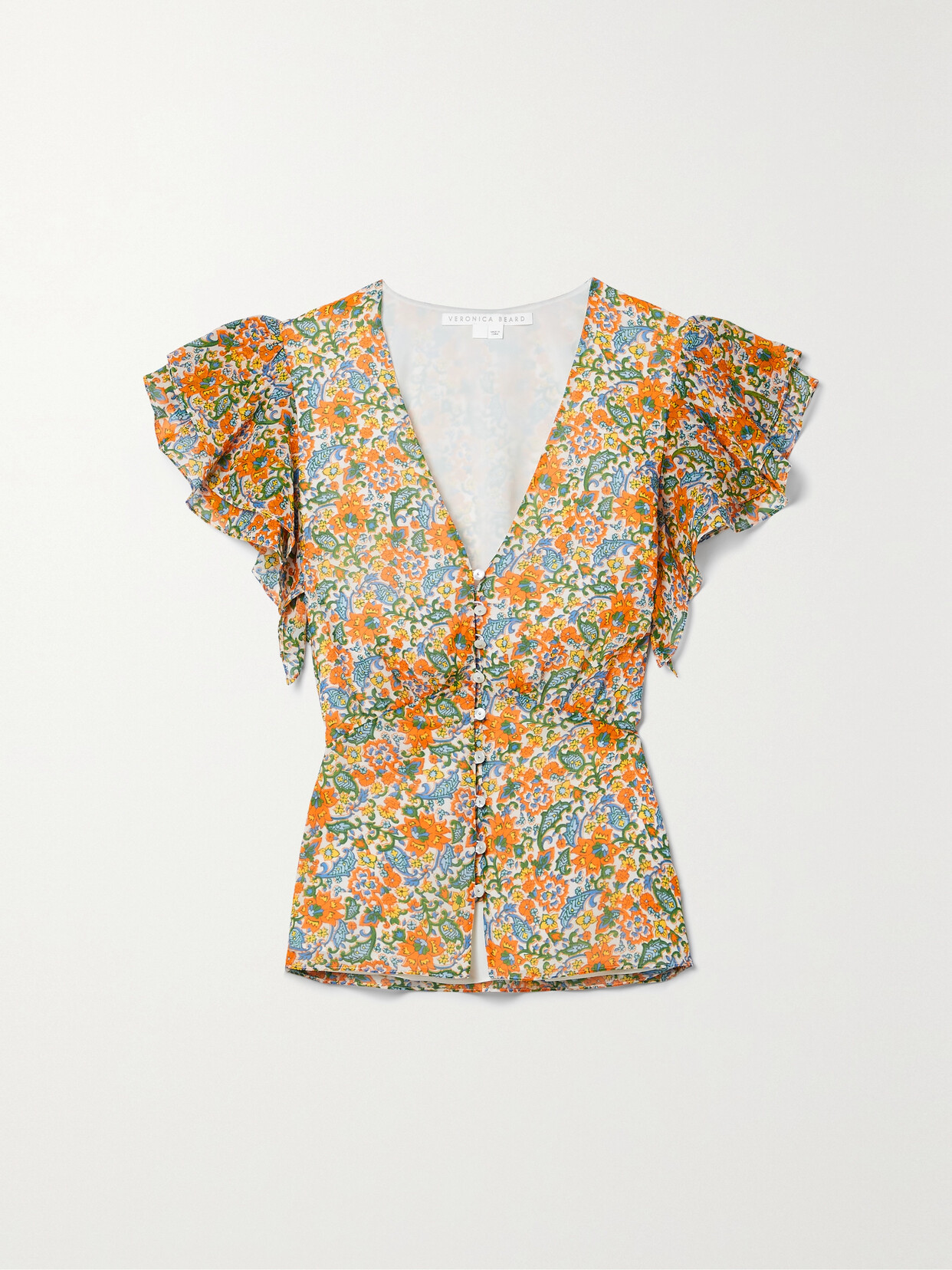 VERONICA BEARD POLLY RUFFLED FLORAL-PRINT SILK-CREPE TOP