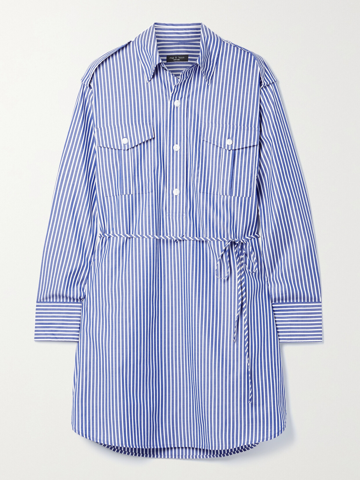 rag & bone - Nadine Belted Striped Cotton-poplin Mini Shirt Dress - Blue