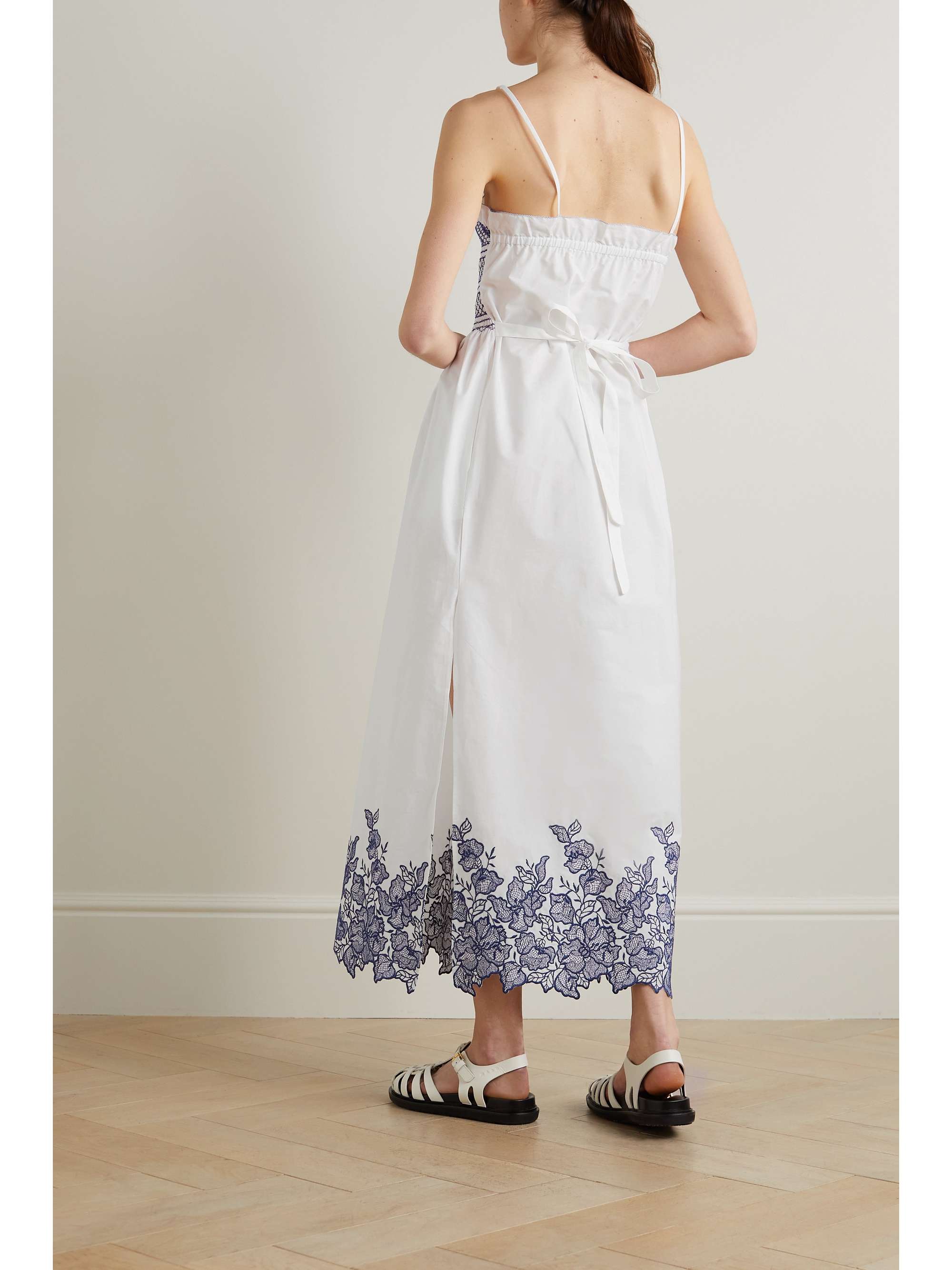 LORETTA CAPONI + NET SUSTAIN Bianca smocked embroidered cotton midi dress