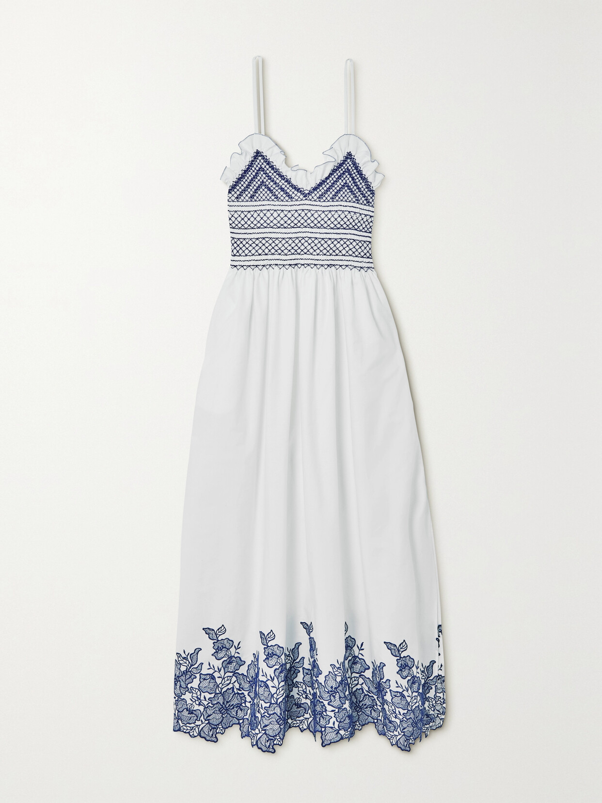 Loretta Caponi + Net Sustain Bianca Smocked Embroidered Cotton Midi Dress - Blue