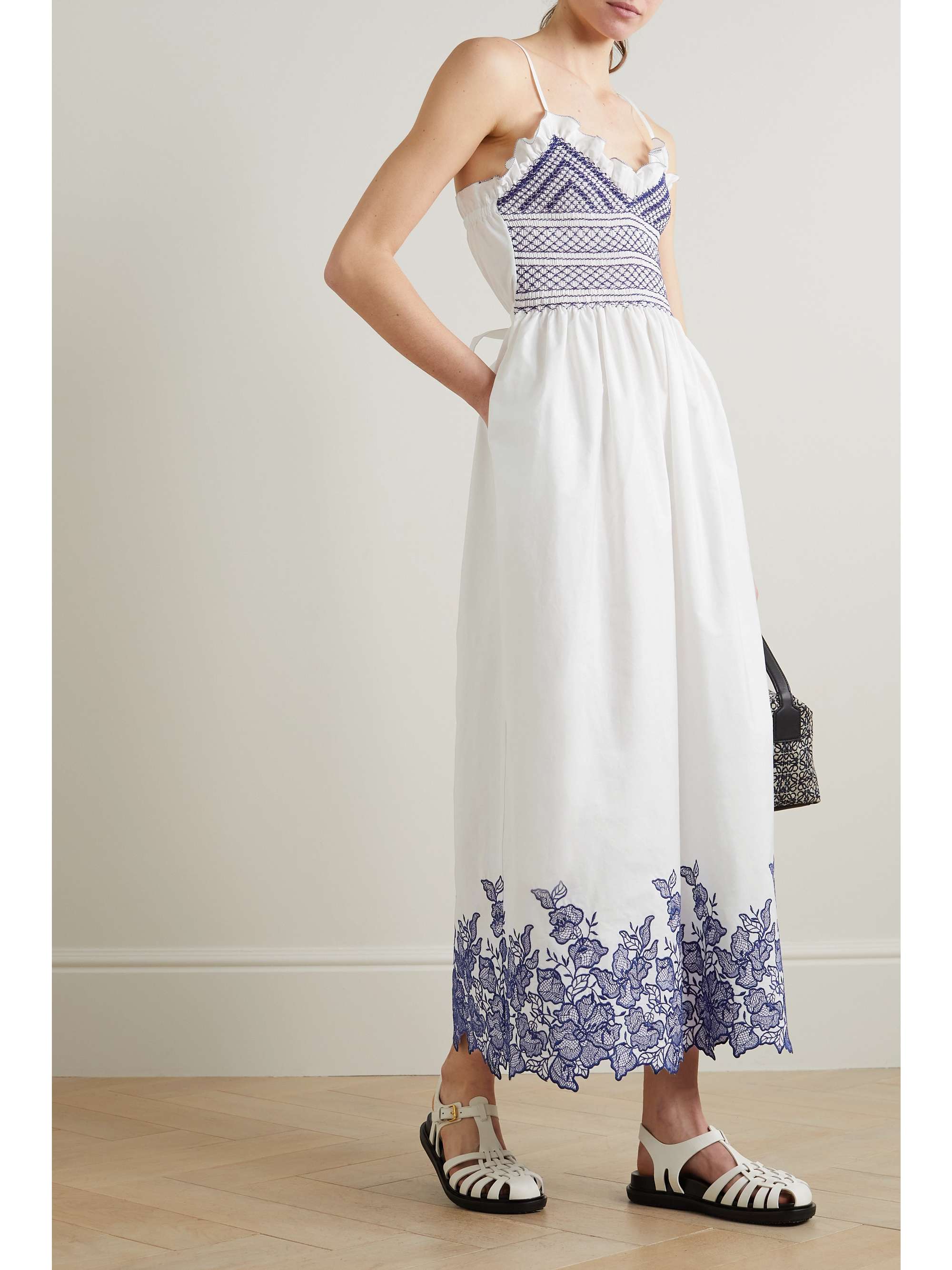 LORETTA CAPONI + NET SUSTAIN Bianca smocked embroidered cotton midi dress